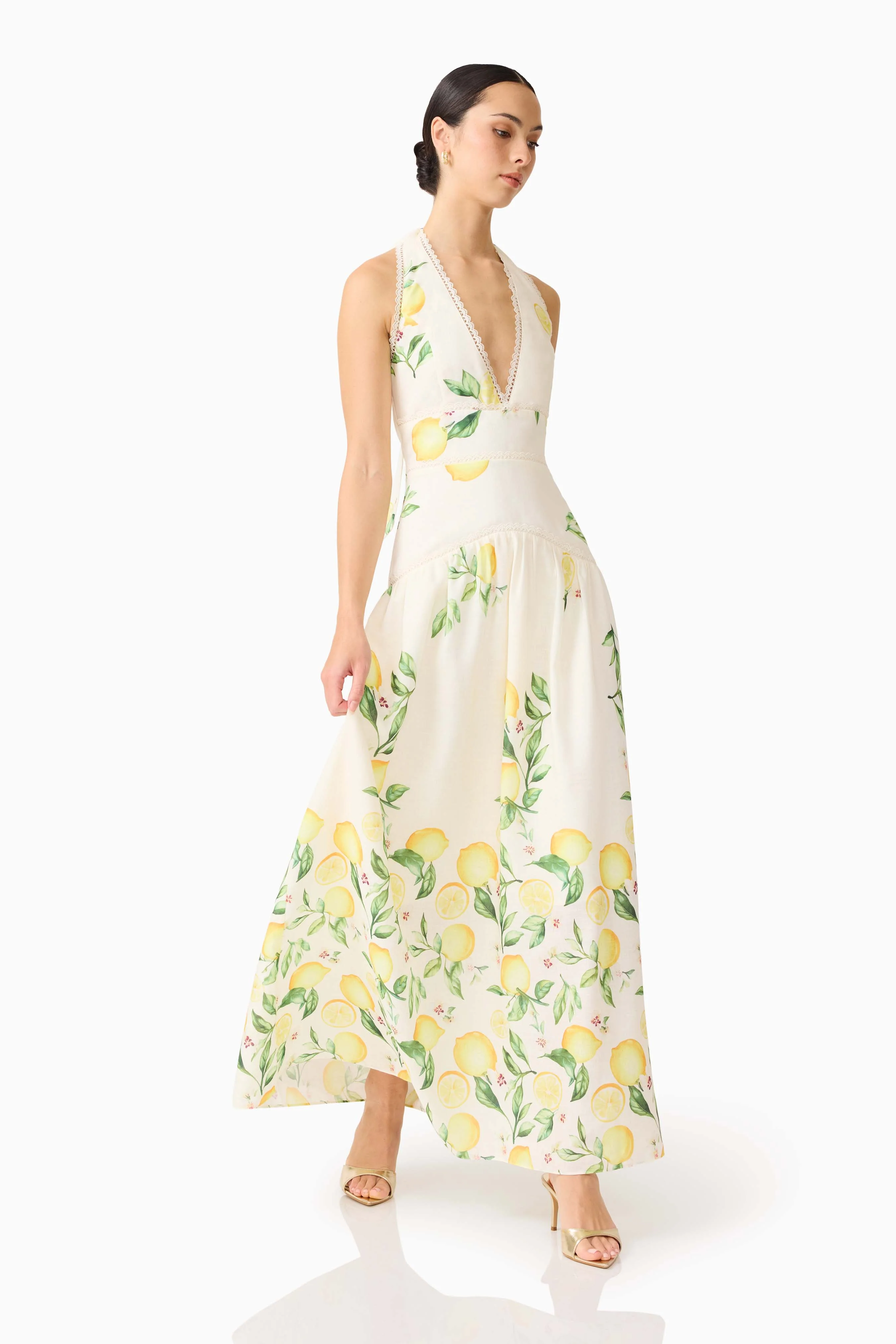 Hana Halter Gown in Lemon Print