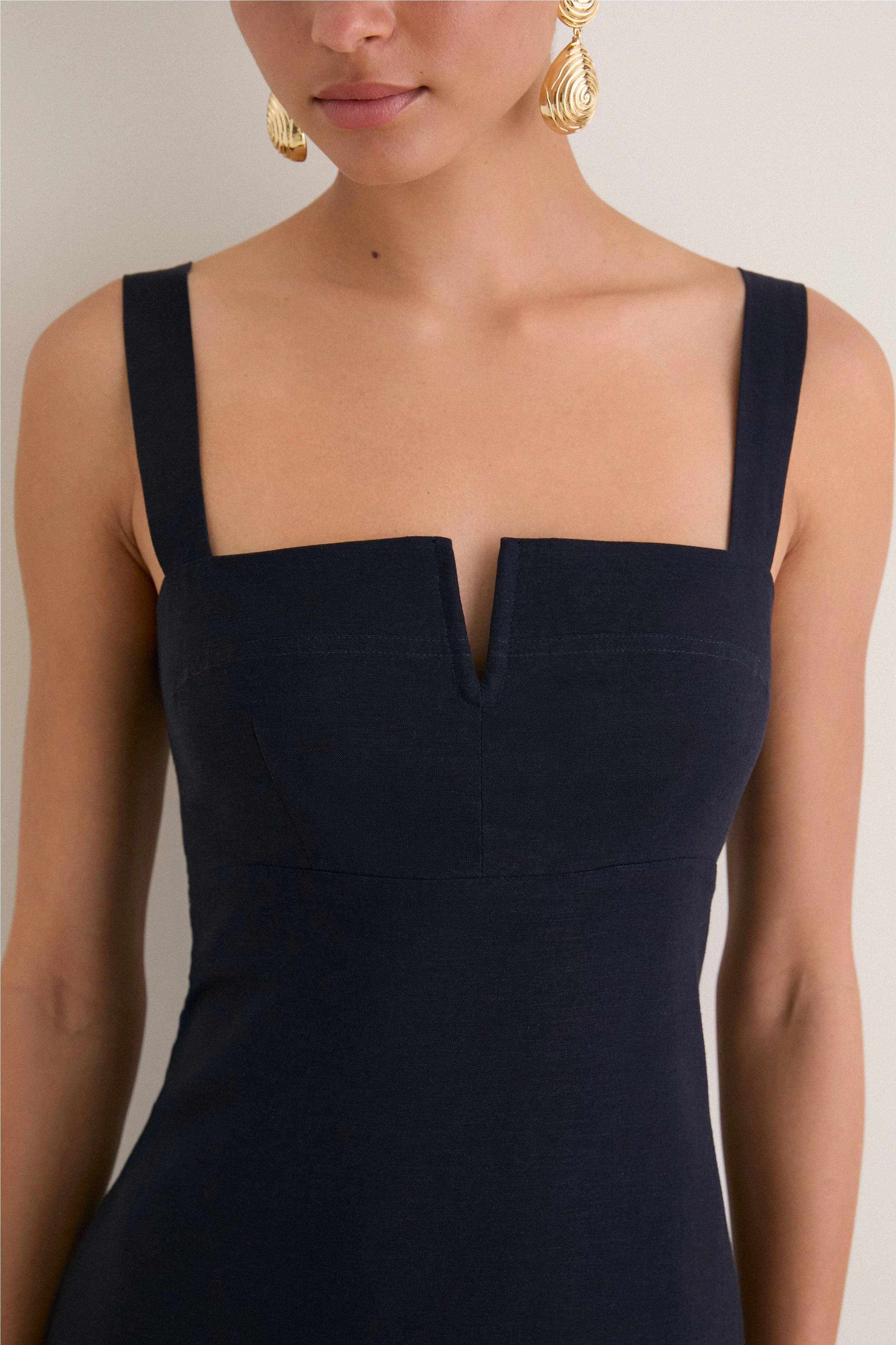 Navy Embroidered Linen Alma Midi Dress