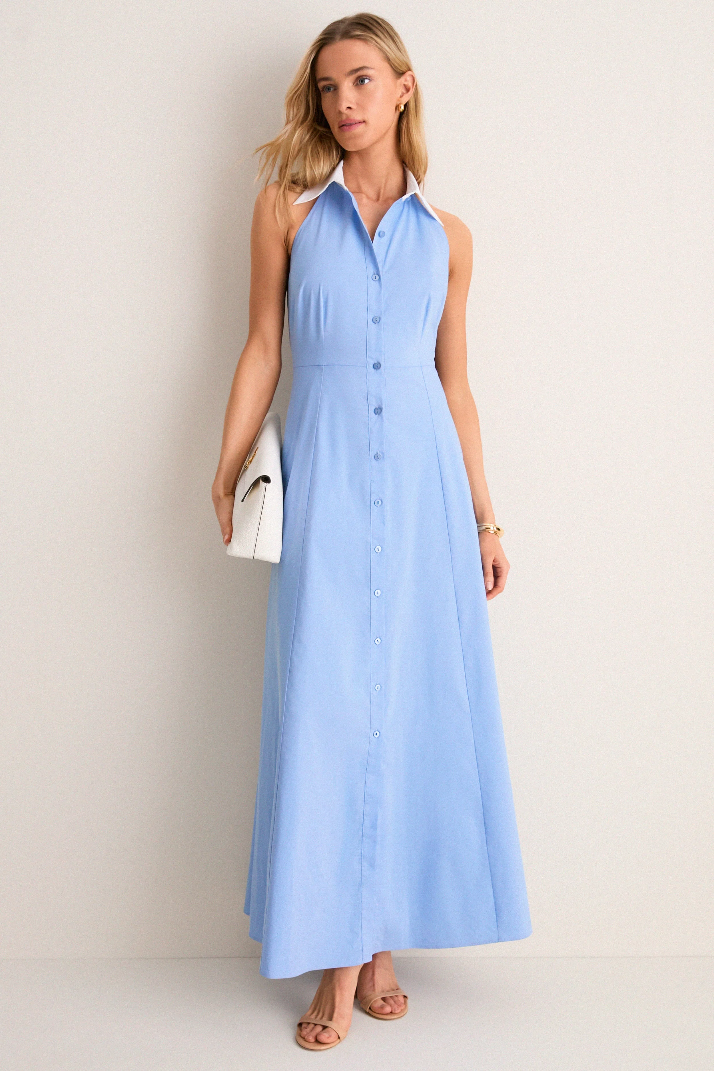 Vista Blue and White Maurie Halter Maxi Dress
