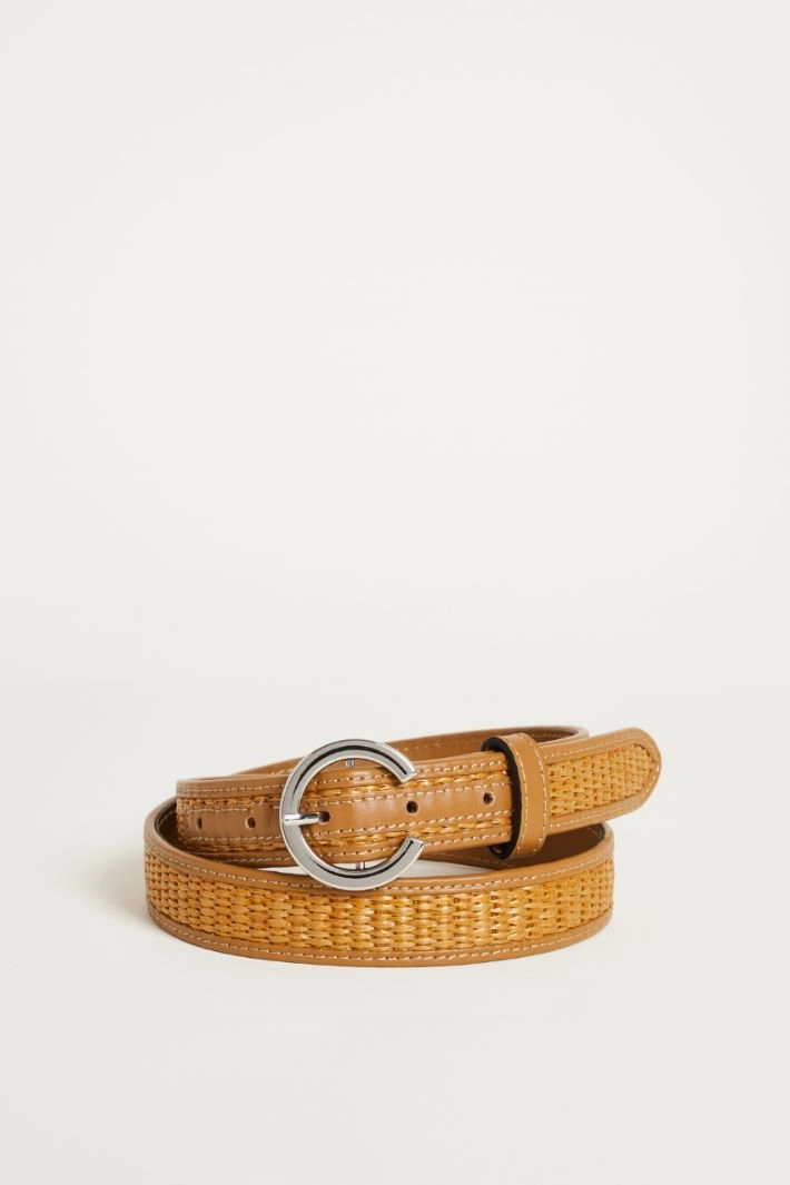 Raffia and leather belt - CAMEL