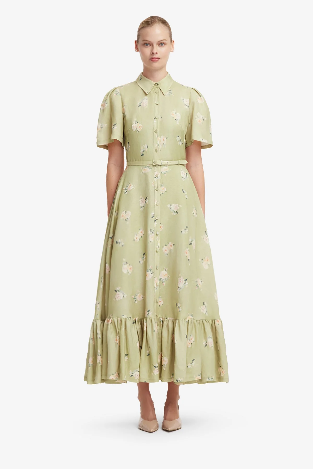 Becca Short Sleeve Midi Dress - Pistachio Rose Print