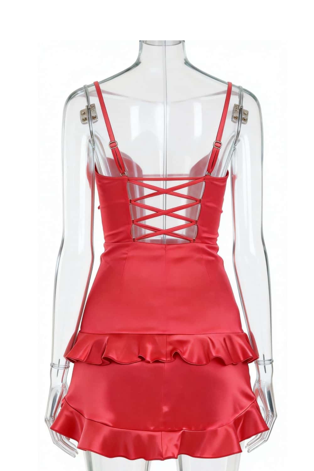 Ruffle Straps Red Satin Short Dress