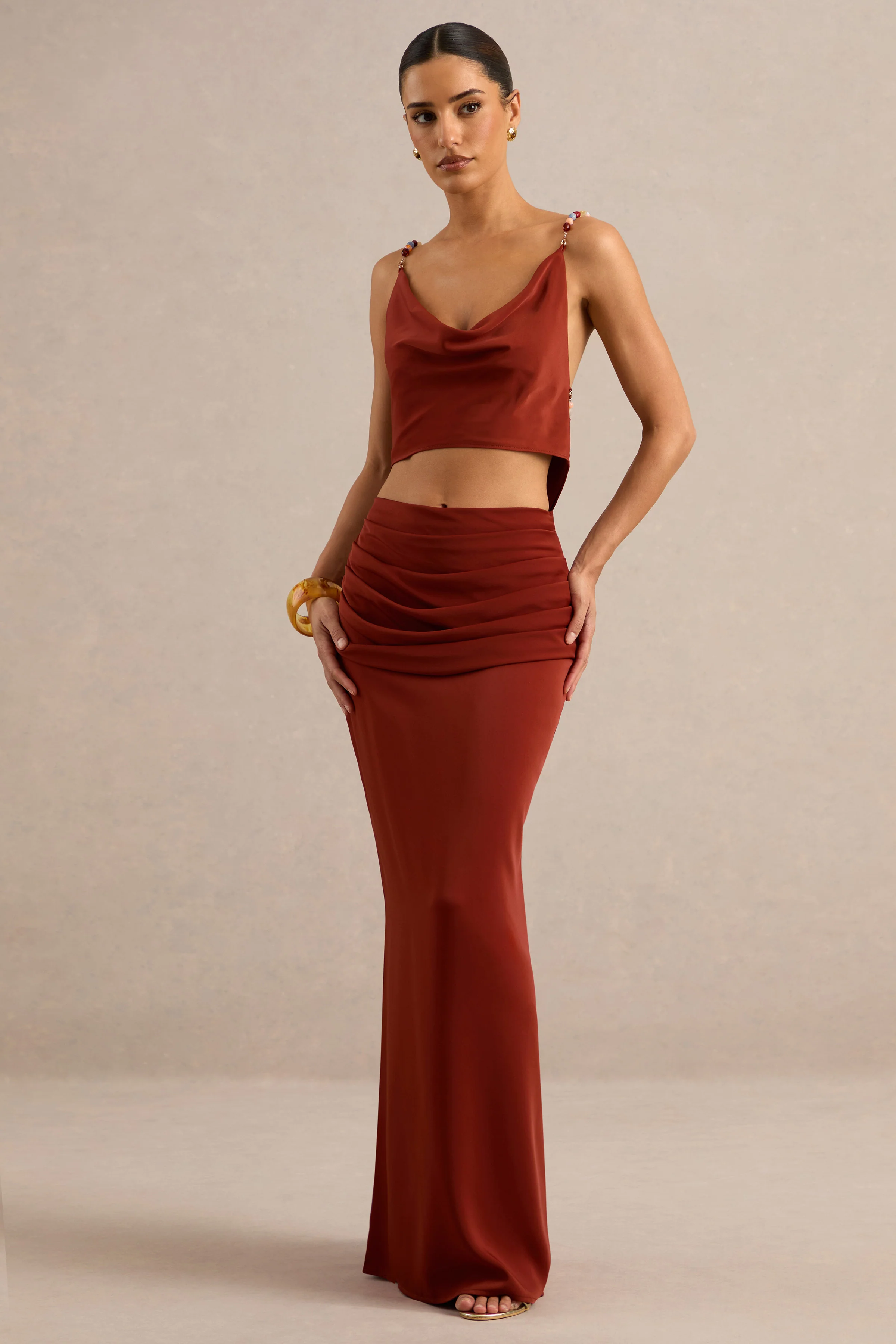 Anina | Rust Satin Cowl-Neck Crop-Top