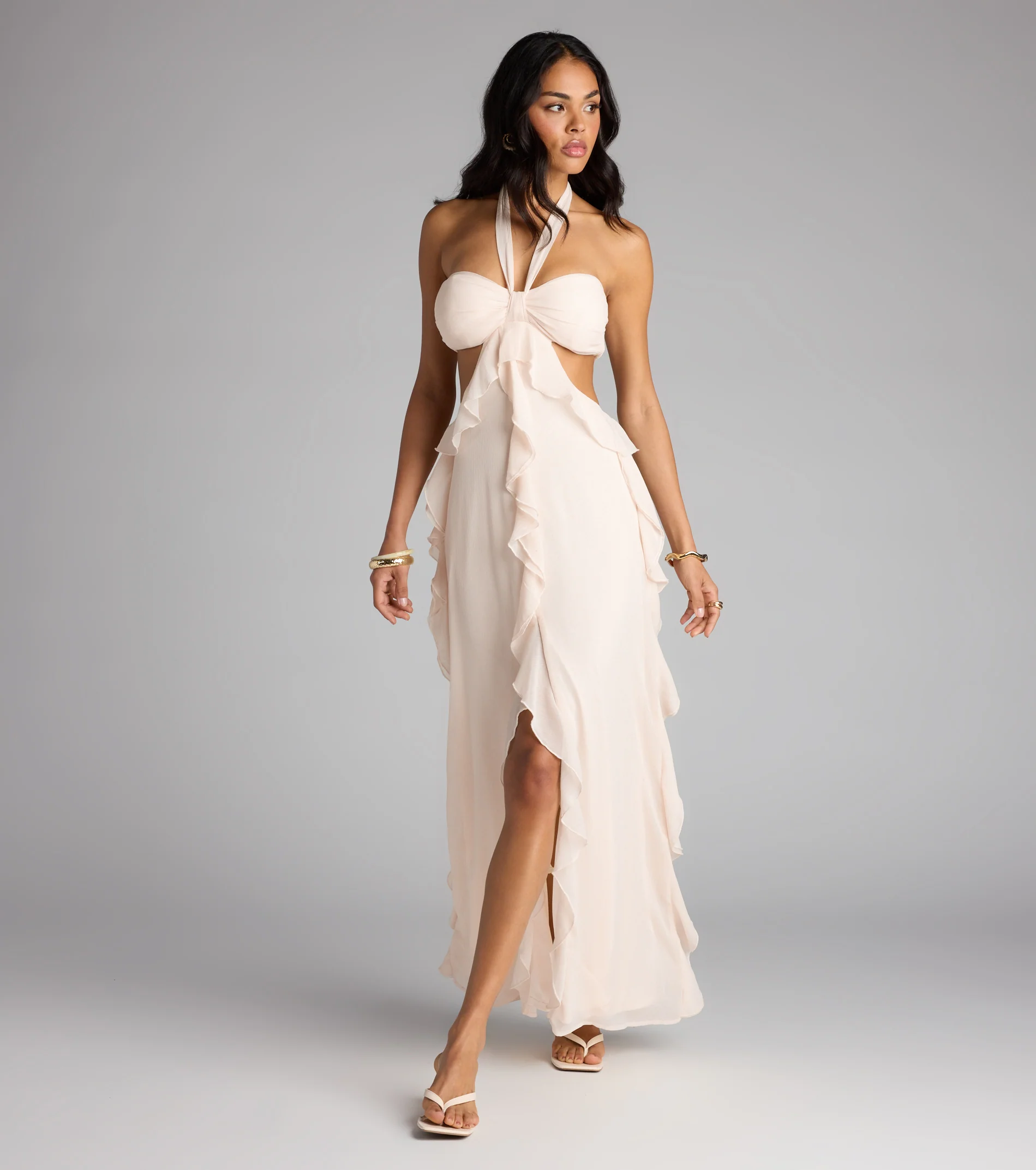 Ruffle and Ready Chiffon Halter Maxi Dress