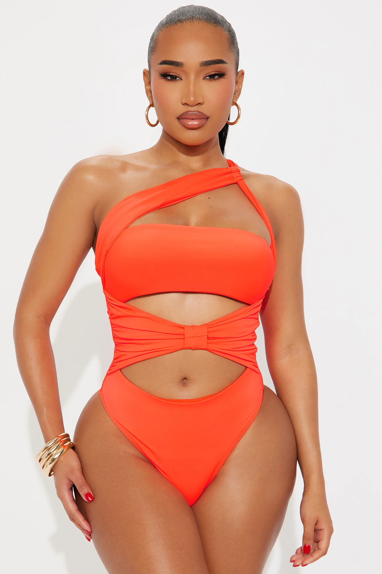 Heat Waves One Shoulder Cutout 1 Piece Swimsuit - Orange