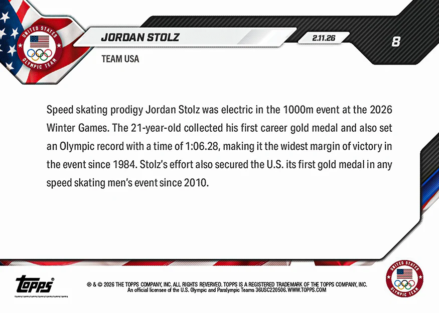Jordan Stolz - 2026 Olympics Topps NOW® - Card 8 - PR: 1379