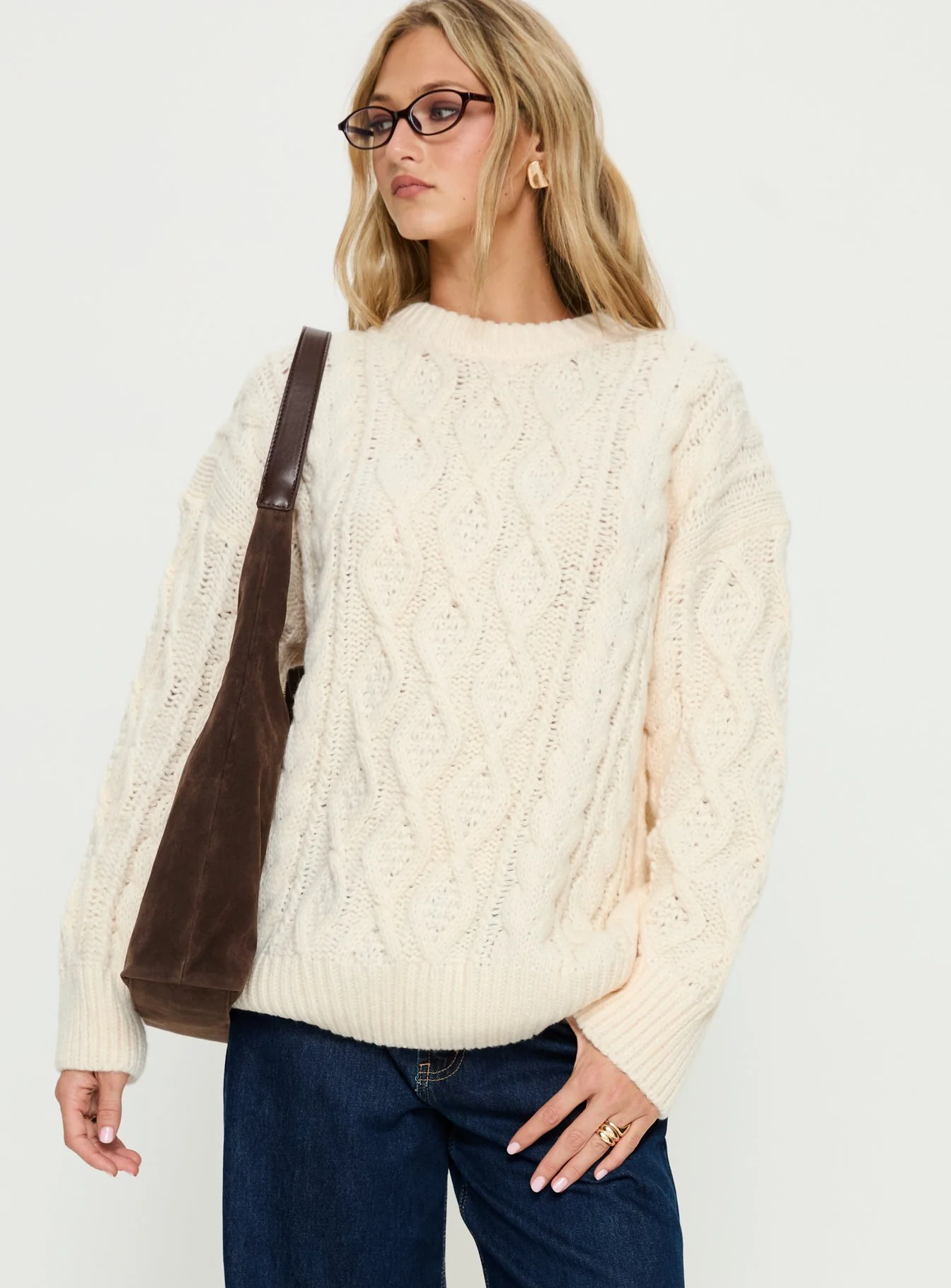 Rorey Cable Knit Crew Neck Sweater White