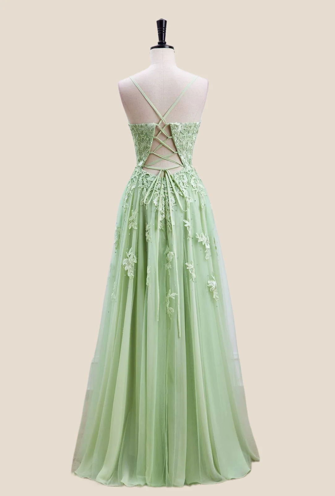 Sage Green Lace Appliques A-line Long Formal Dress