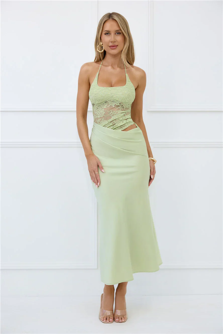 Radiate Positivity Halter Lace Maxi Dress Sage
