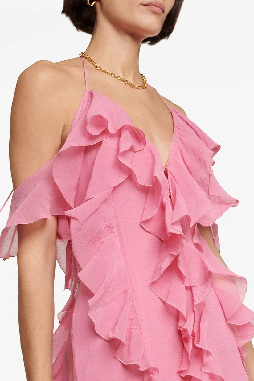 Deep V Halter Pink Ruffle Maxi Dress