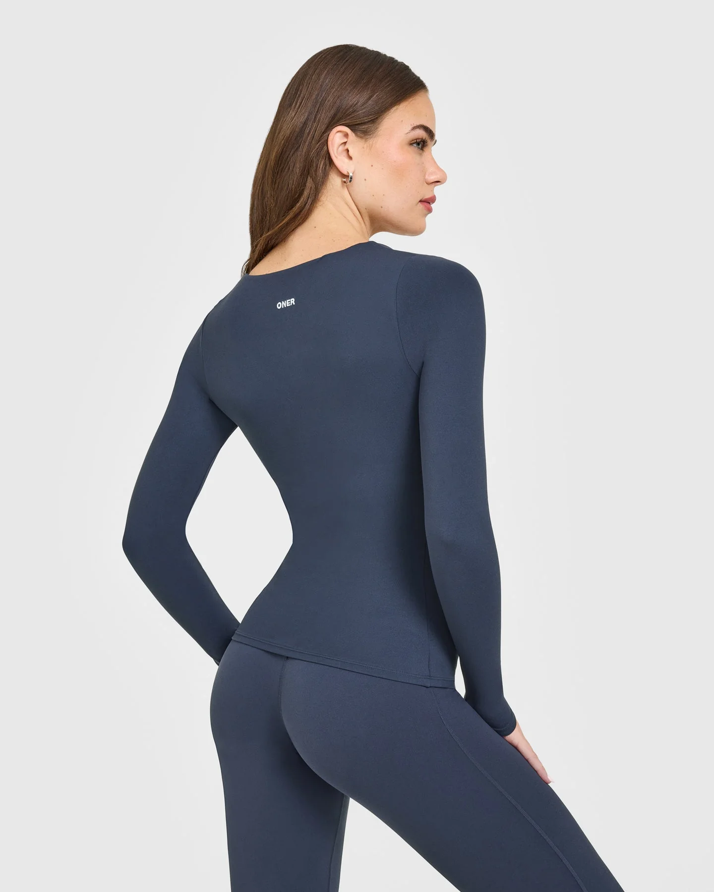 SoftMotion™ Scoop Neck Long Sleeve Top with Built in Bra Shelf with White Logo | True Blue