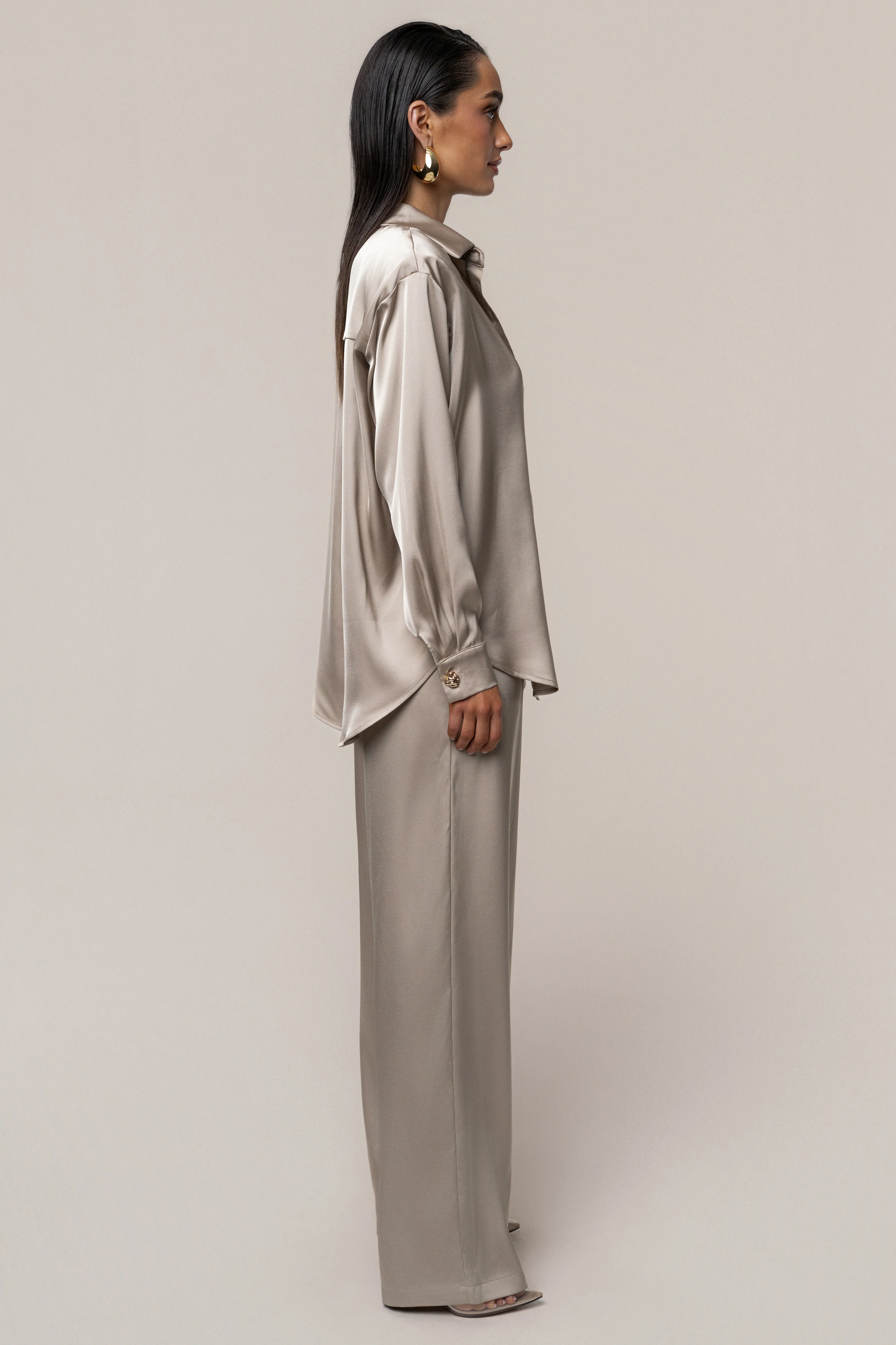 Beige Island Ease Collared Satin Top