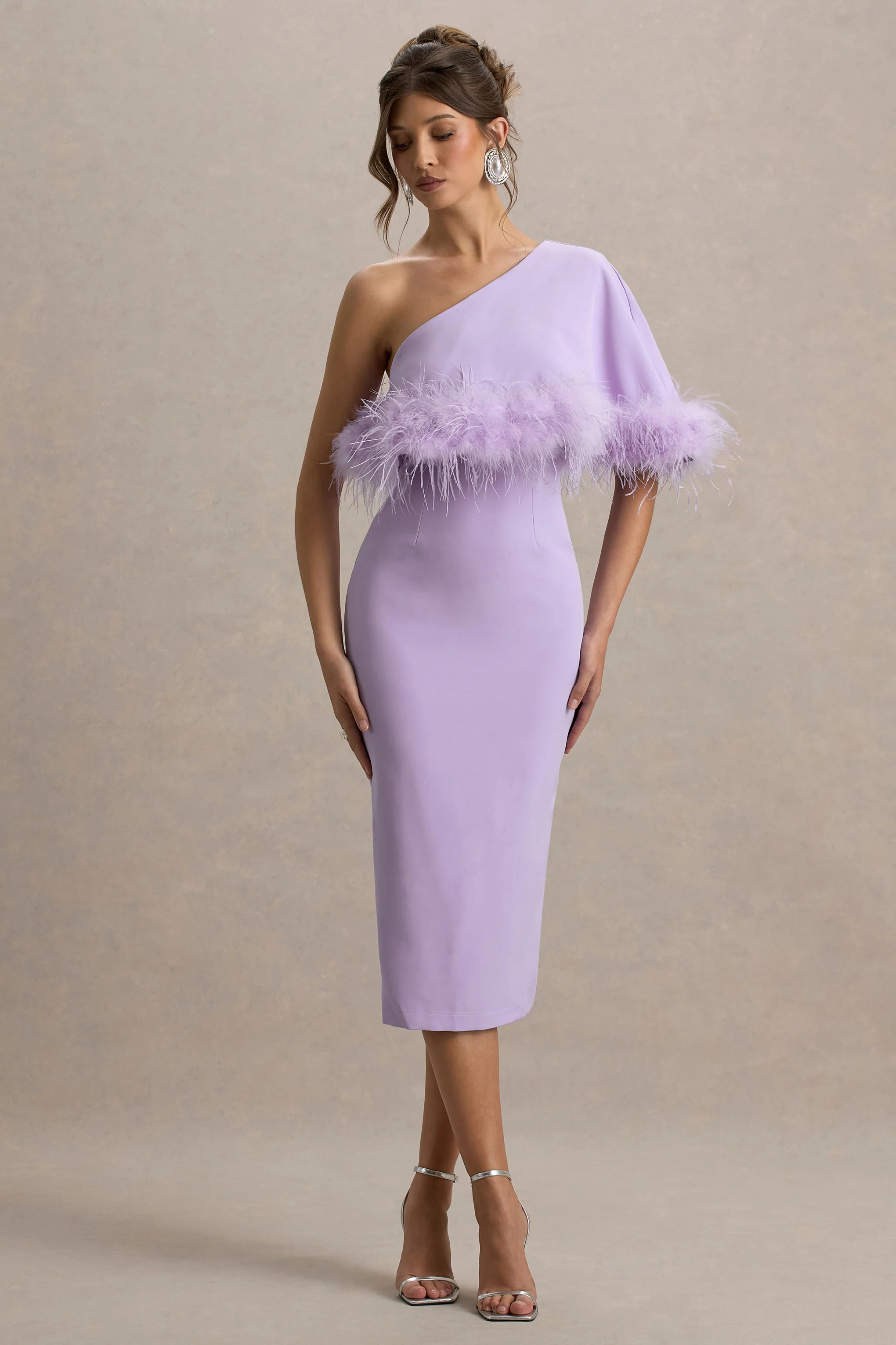 Victory | Lilac One Shoulder Midi Dress With Feather Trim