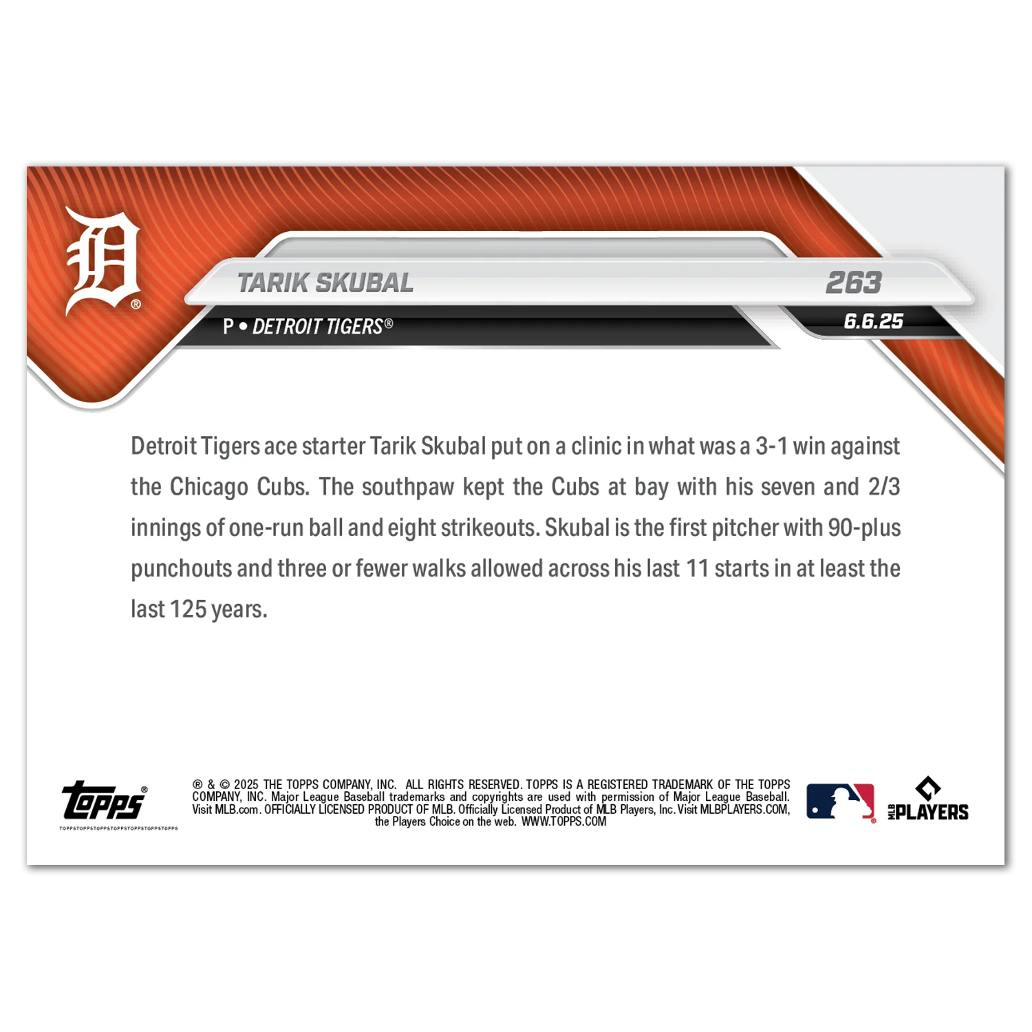 Tarik Skubal - 2025 MLB Topps NOW® - Card 263