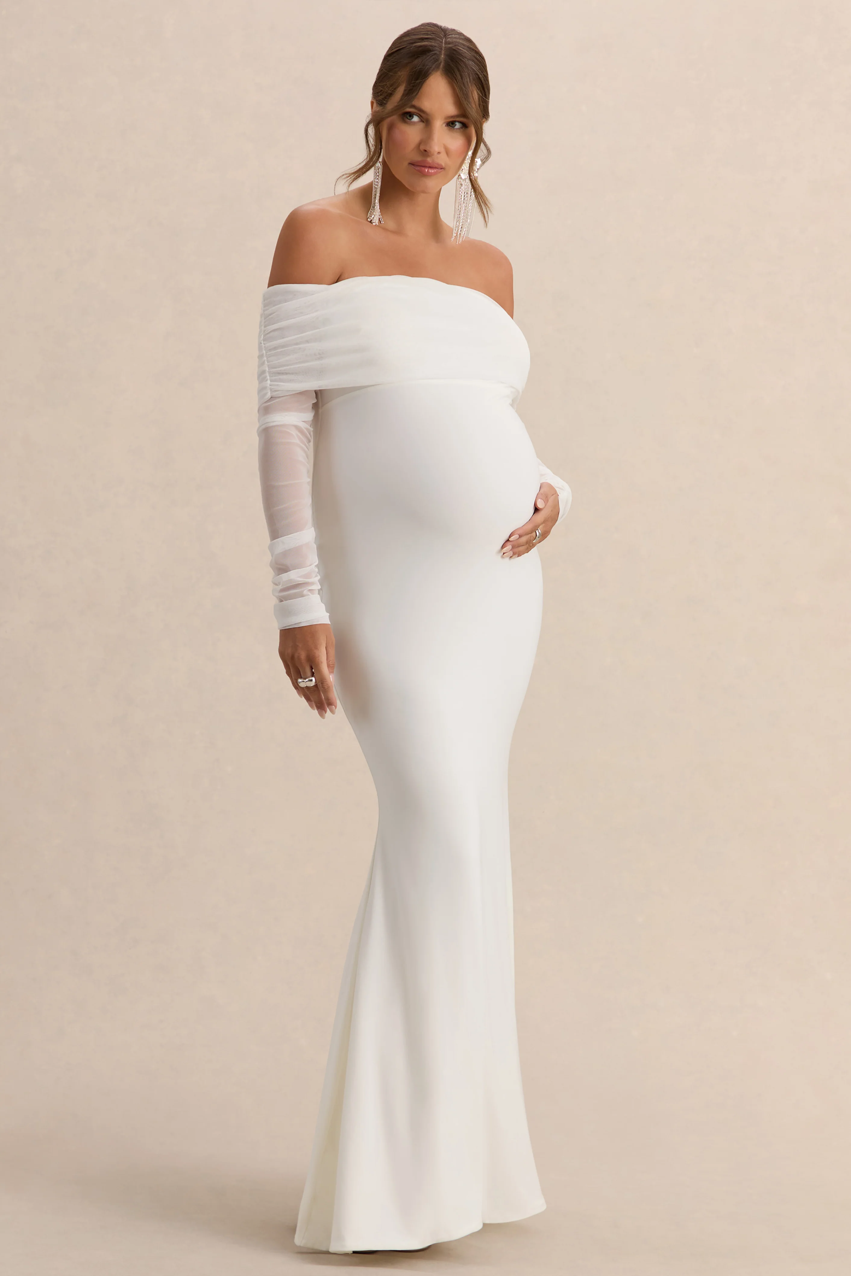 Pretty Perfect | White Maternity Ruched Mesh Bardot Maxi Dress