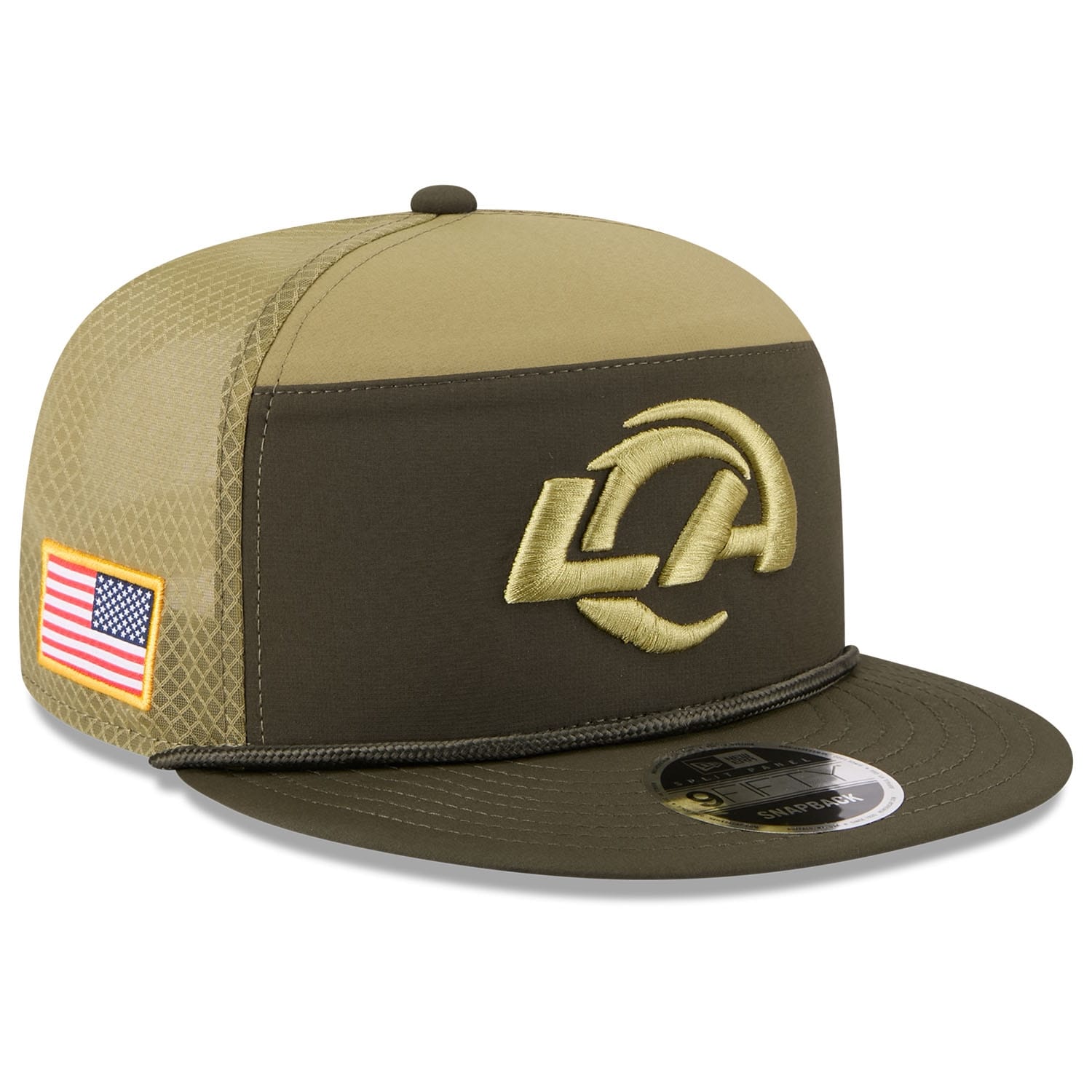 Los Angeles Rams 2025 NFL Salute to Service 9FIFTY Split Panel Trucker Snapback Cap Olive