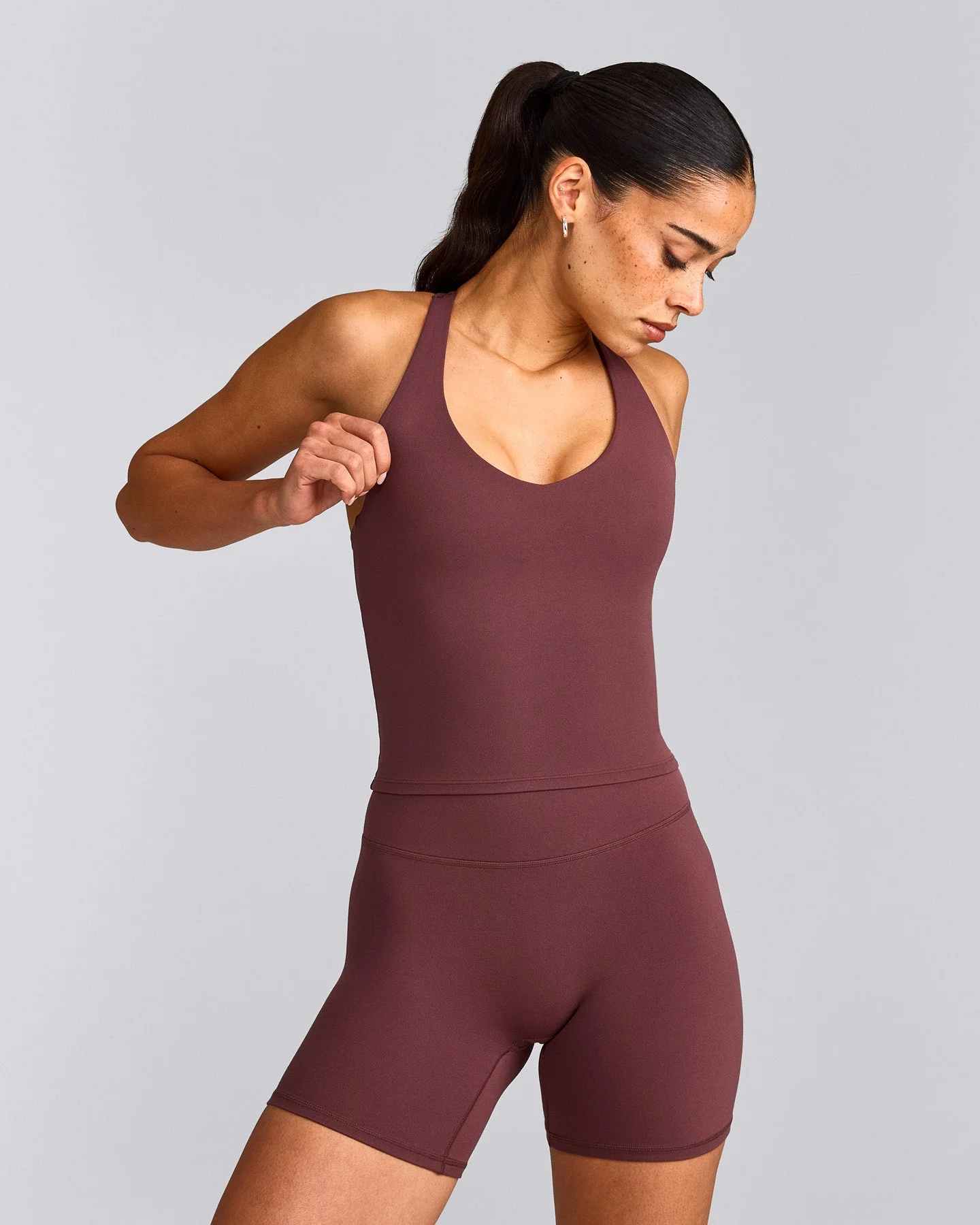SoftMotion™ Racer Back Mid Vest with Built in Bra Shelf with Grey Logo | Velvet Mocha