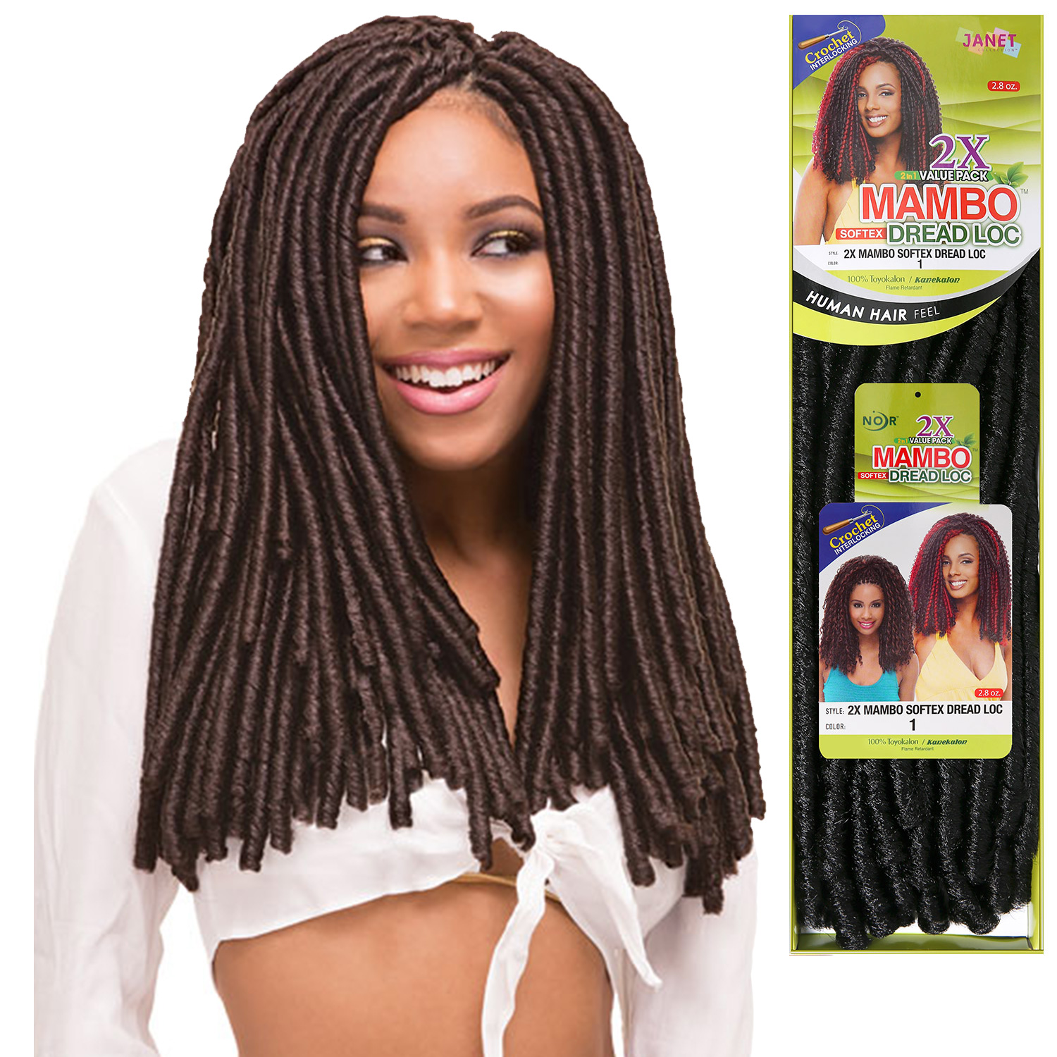 Janet Collection Synthetic Hair Crochet Braids Noir 2 in 1 Value Pack 2X Mambo Softex Dread Loc