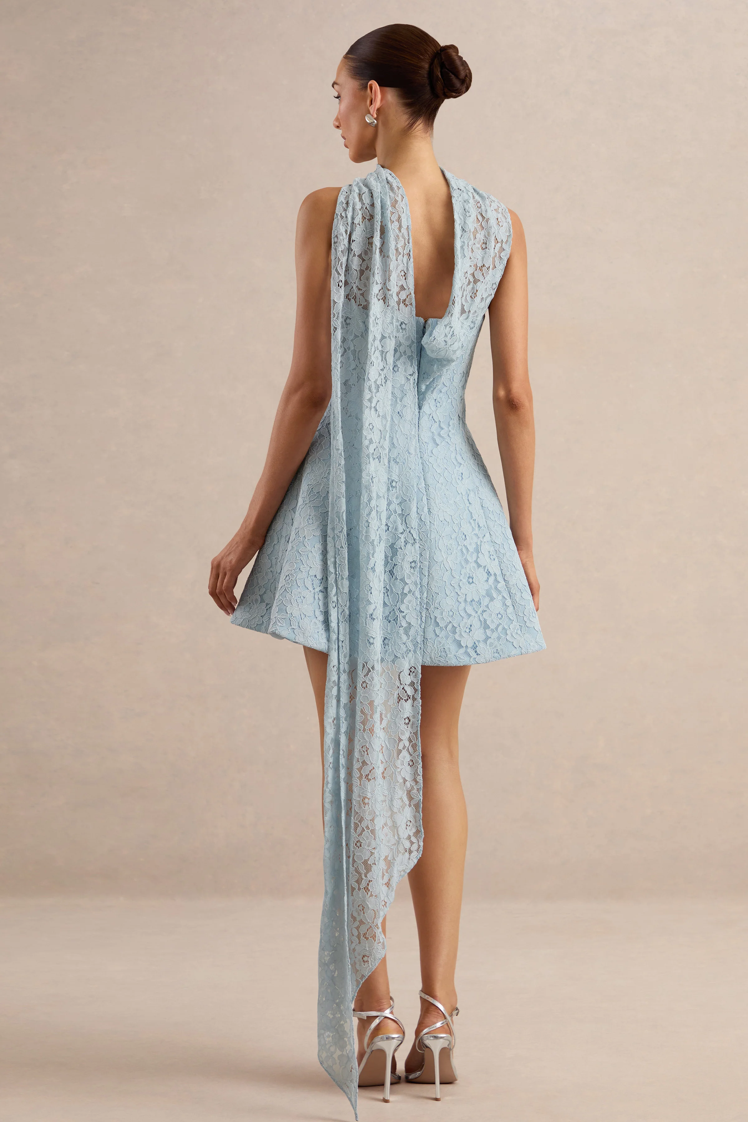 Elvara | Light Blue Lace Bandeau-Neck Mini Dress With Scarf Detail