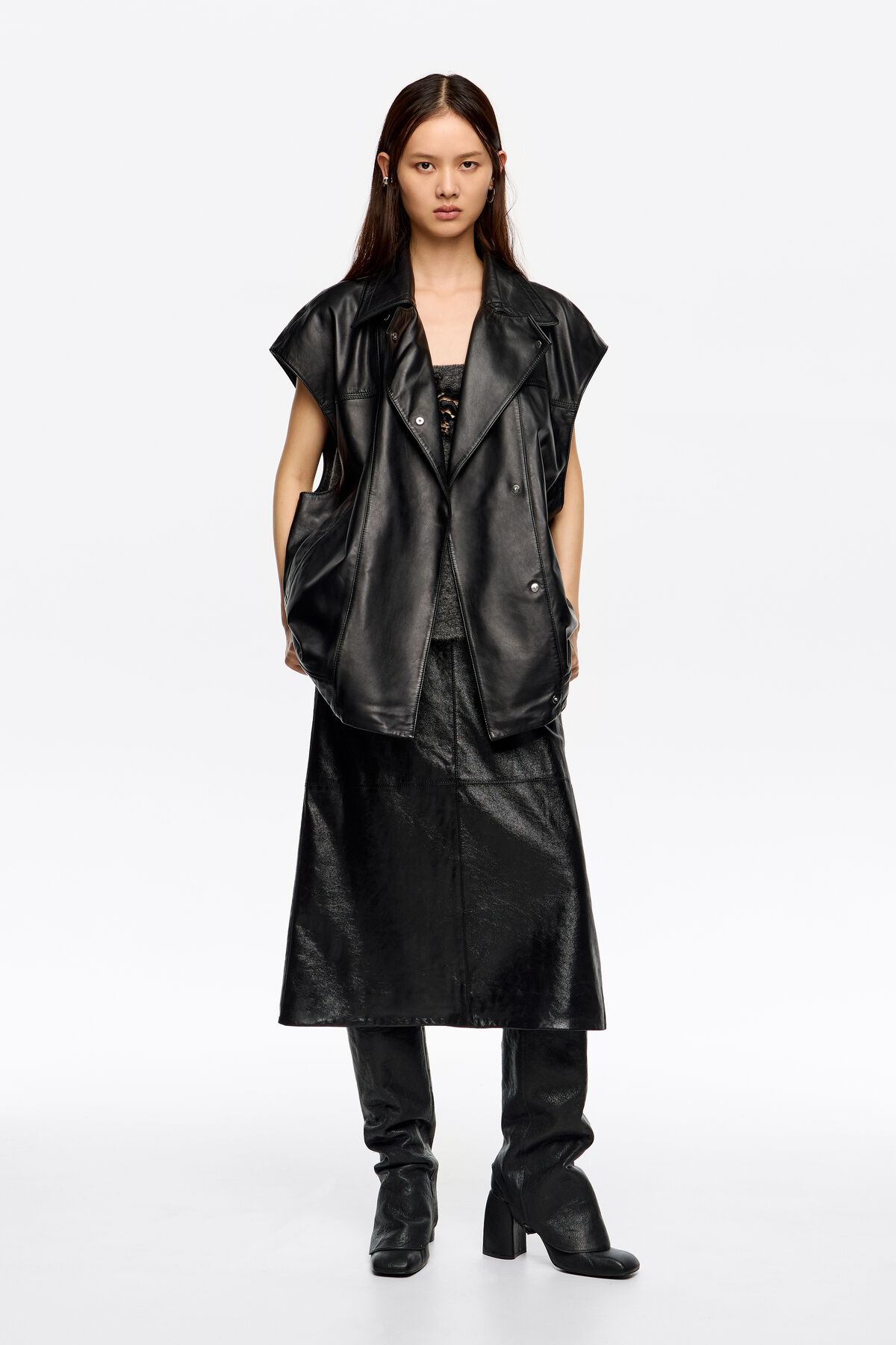 Black leather double-breasted vest