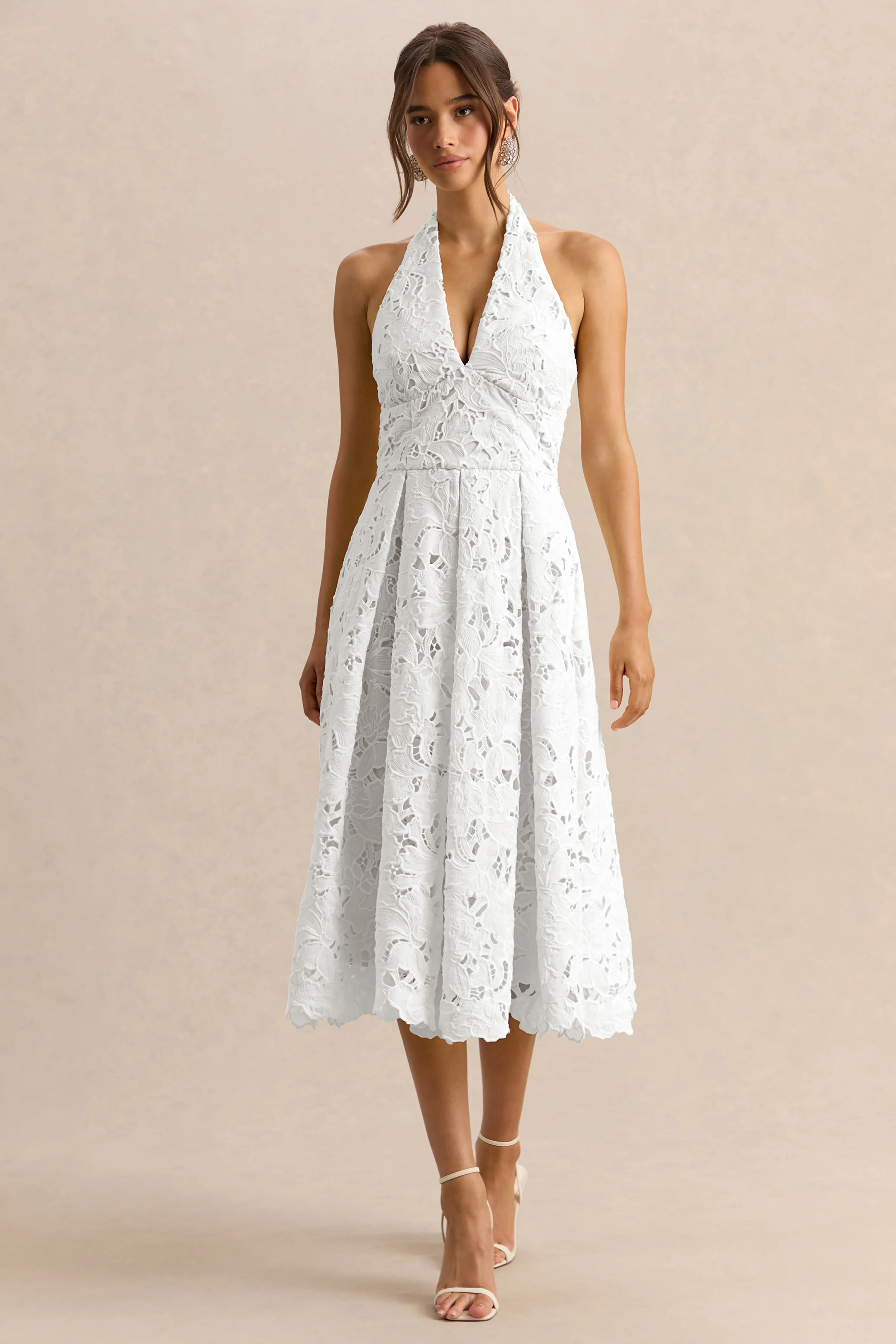 Maribel | White Lace Plunge-Neck Midi Dress