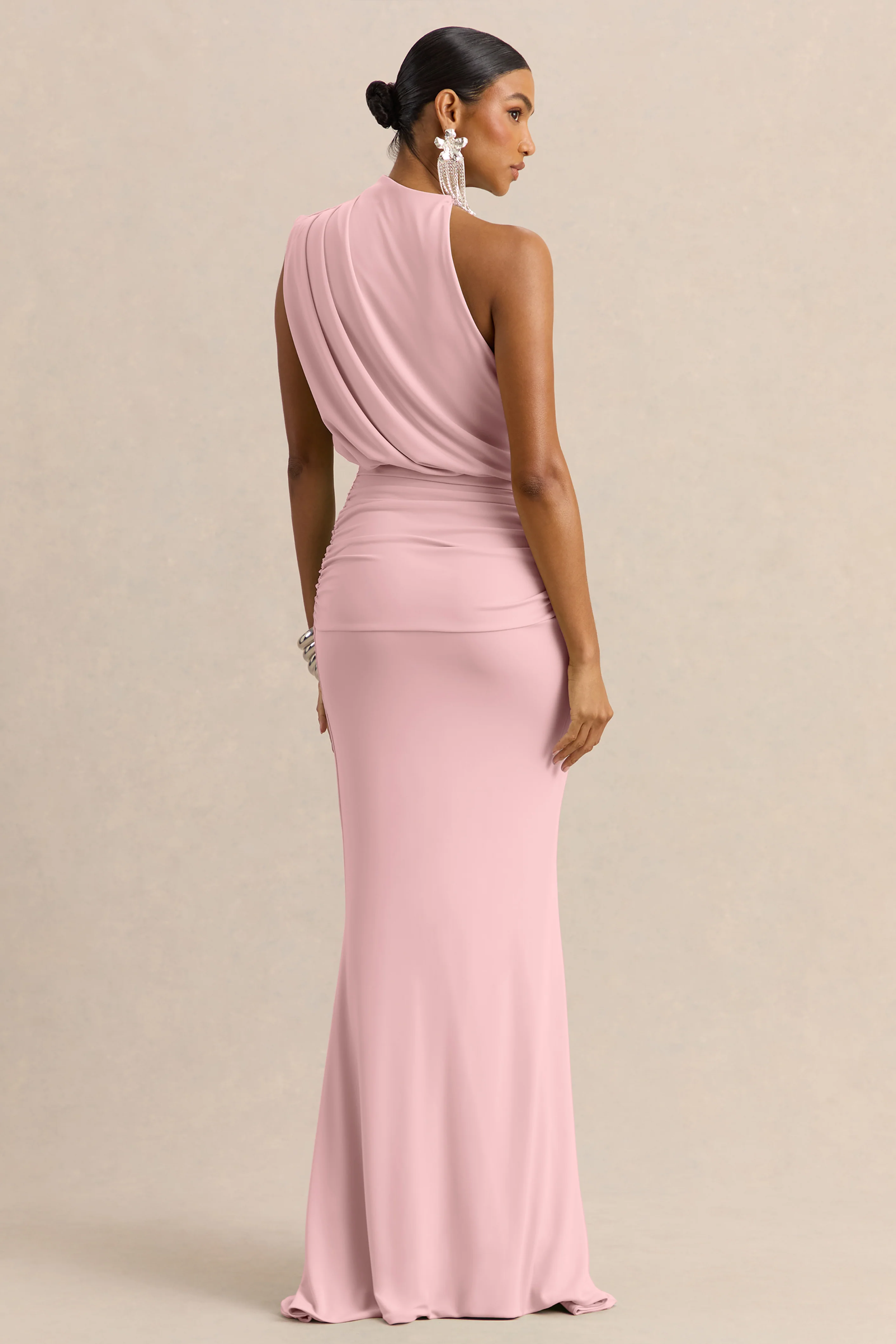 Umaira | Light Pink Ruched High Neck Maxi Dress With Draped Detailing