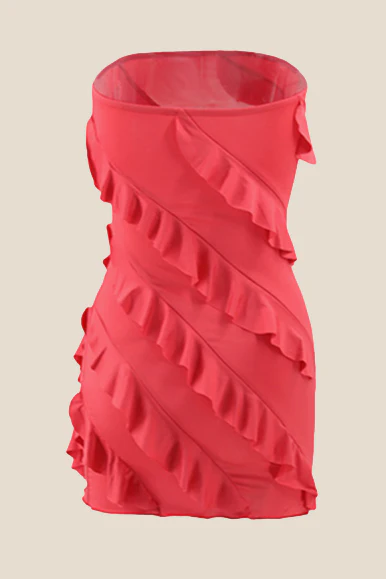 Strapless Coral Ruffled Bodycon Short Dress