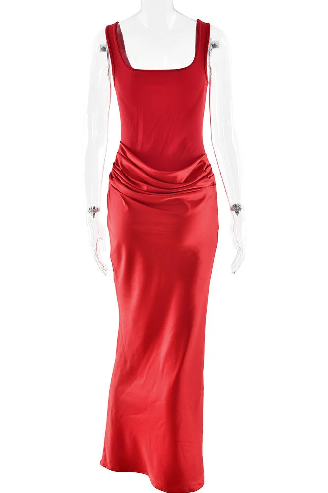 Red Square Neck Draped Fitted Dress