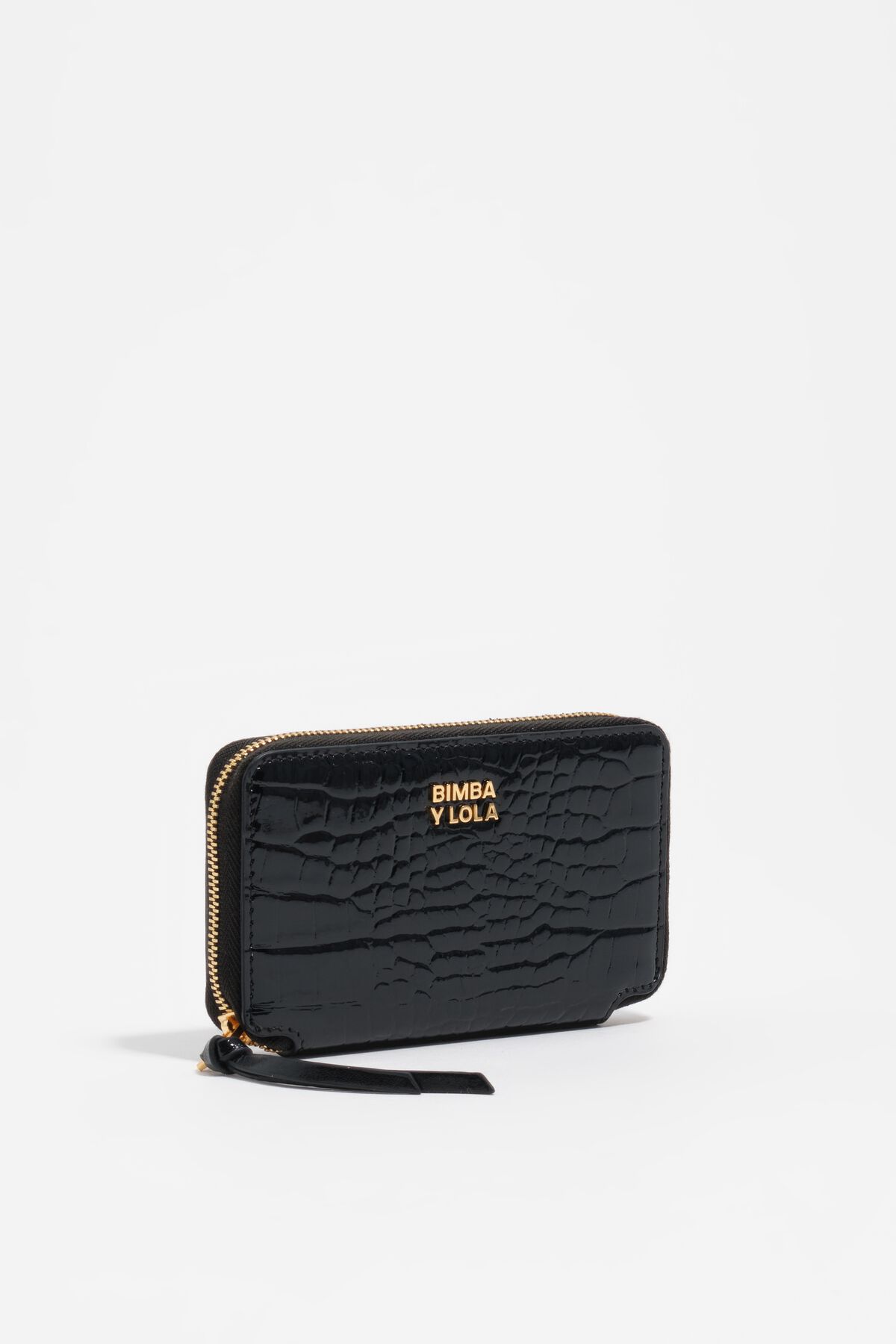 Black embossed crocodile leather compact purse