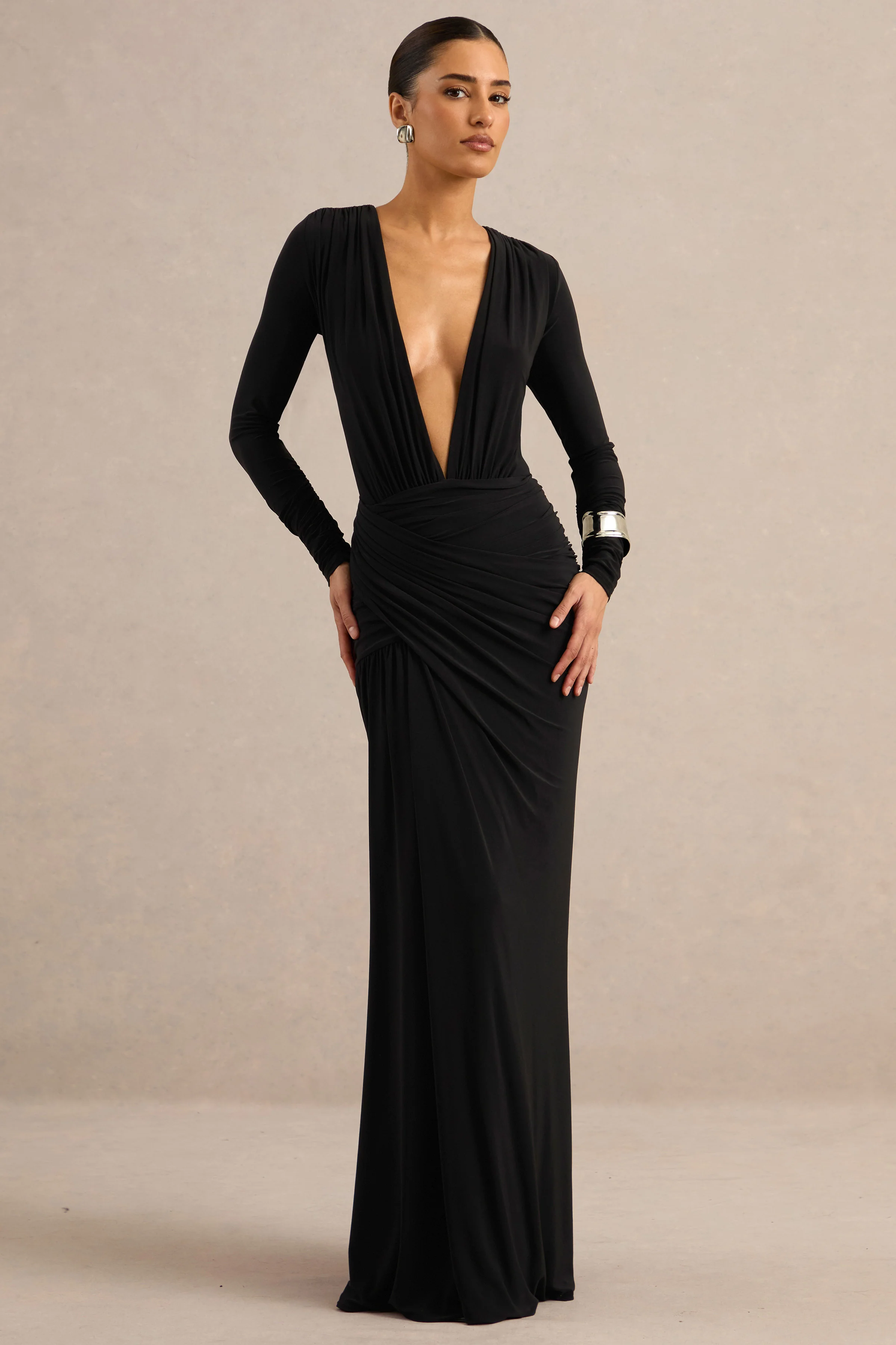 Tahlina | Black Jersey Ruched Plunge Long Sleeve Maxi Dress With Draped Detailing