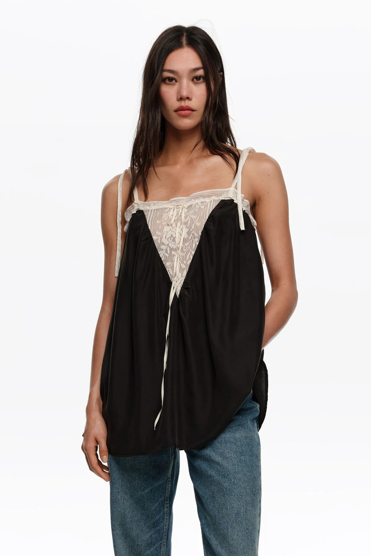 Black silk lace vest top
