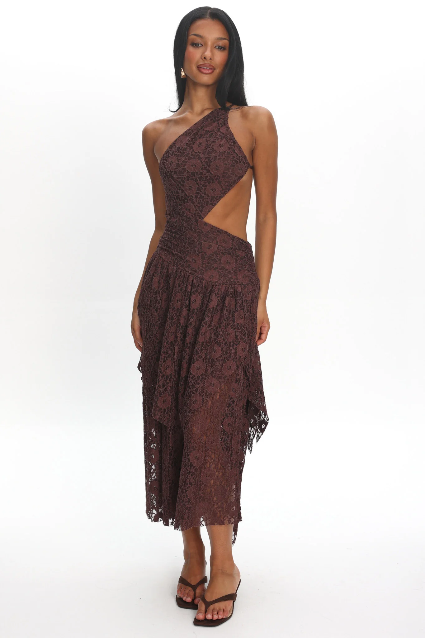 Call Back Cut-Out Waist Midi Dress Lace Chocolate