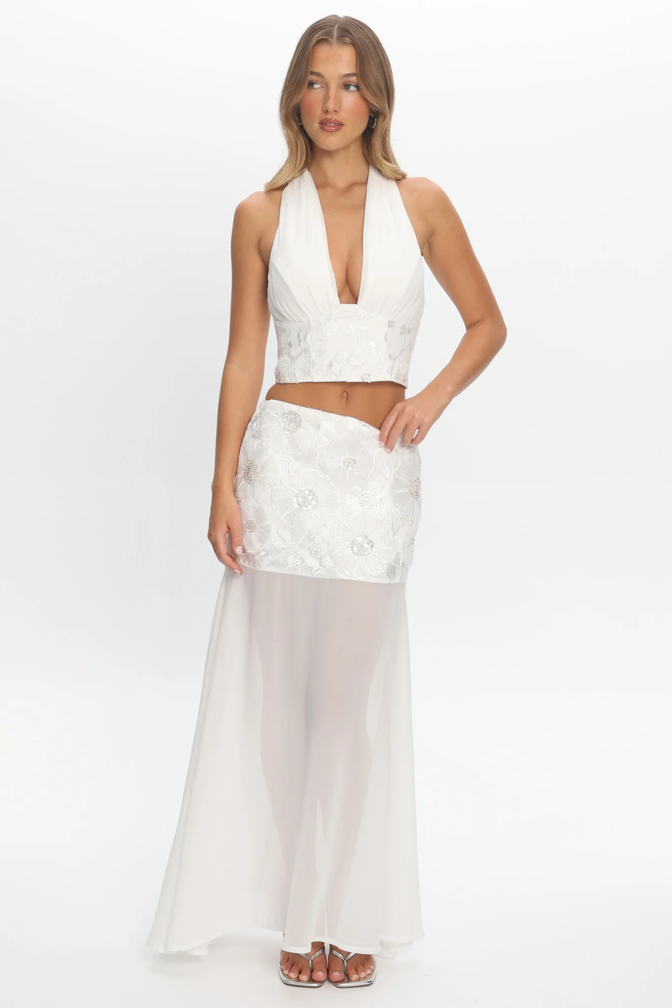 Opulent Sheer Hem Maxi Skirt Embroidered Off White