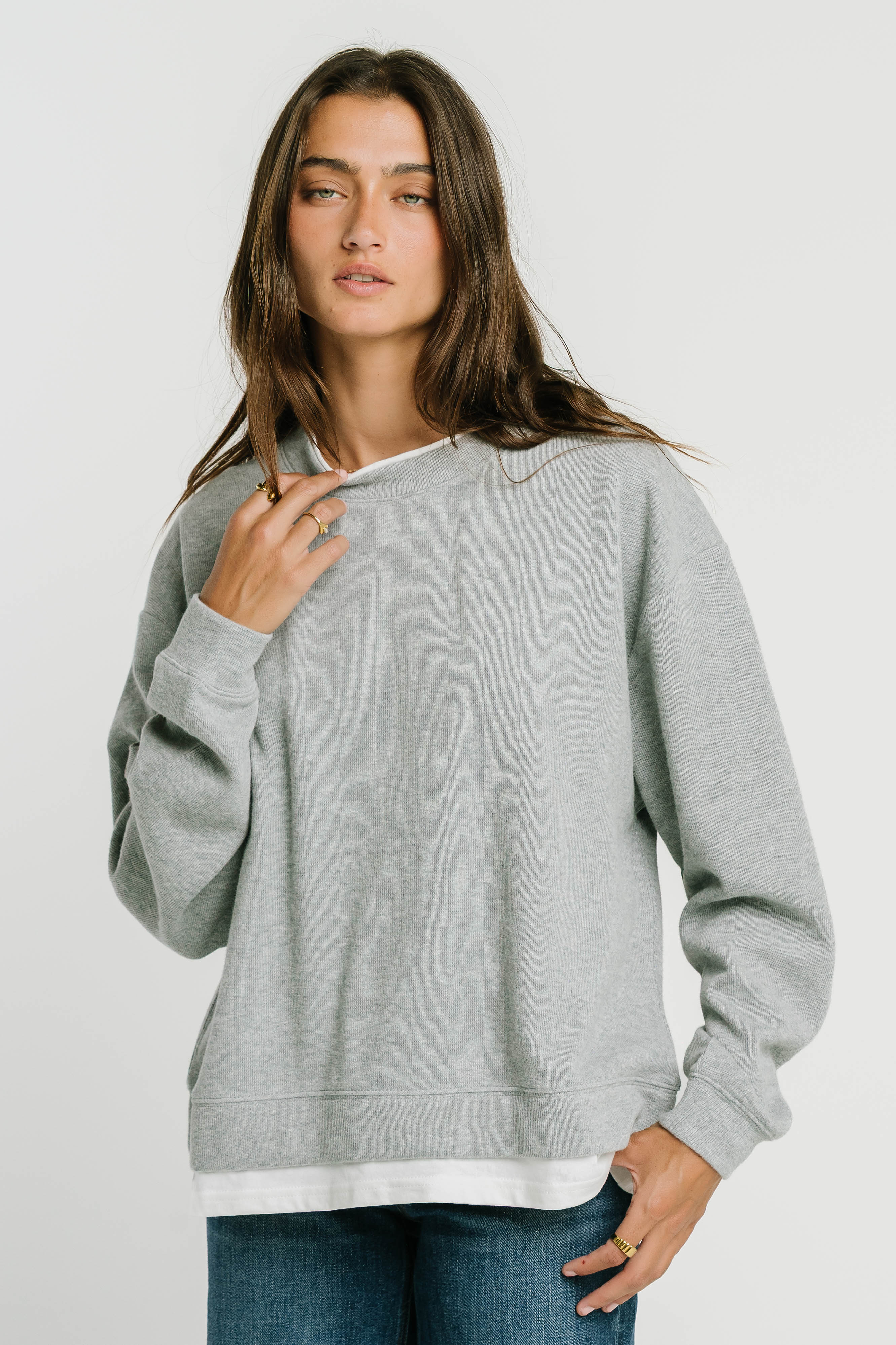 Ava Double Layer Crewneck in Heather Grey