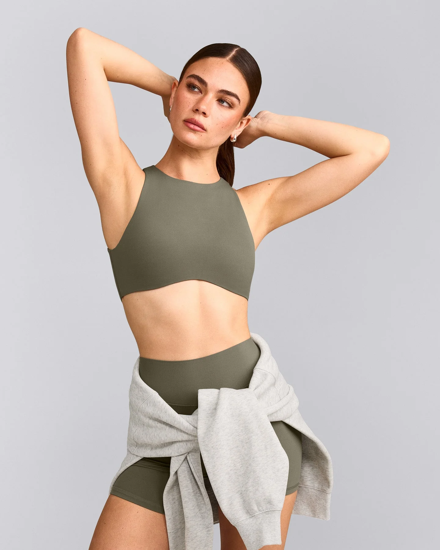 SoftMotion™ High Neck Sports Bra with Grey Logo | Alpine Green