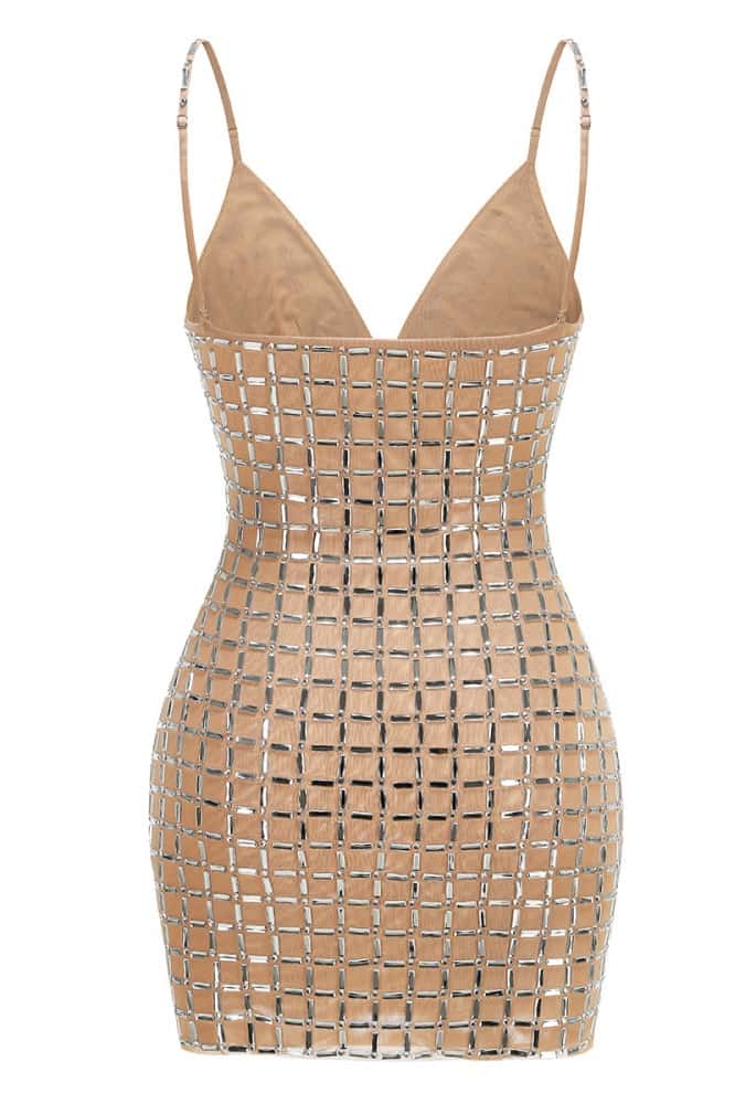 Rhinestones Nude V Neck Tight Dress