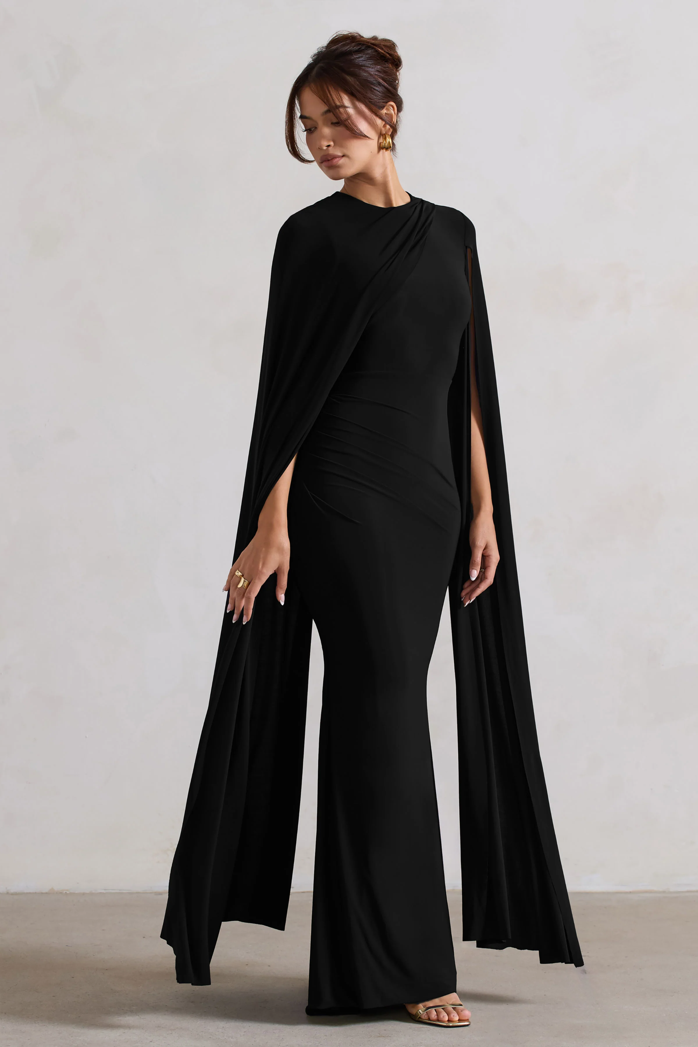 Magdelena | Black Asymmetric Cape Maxi Dress