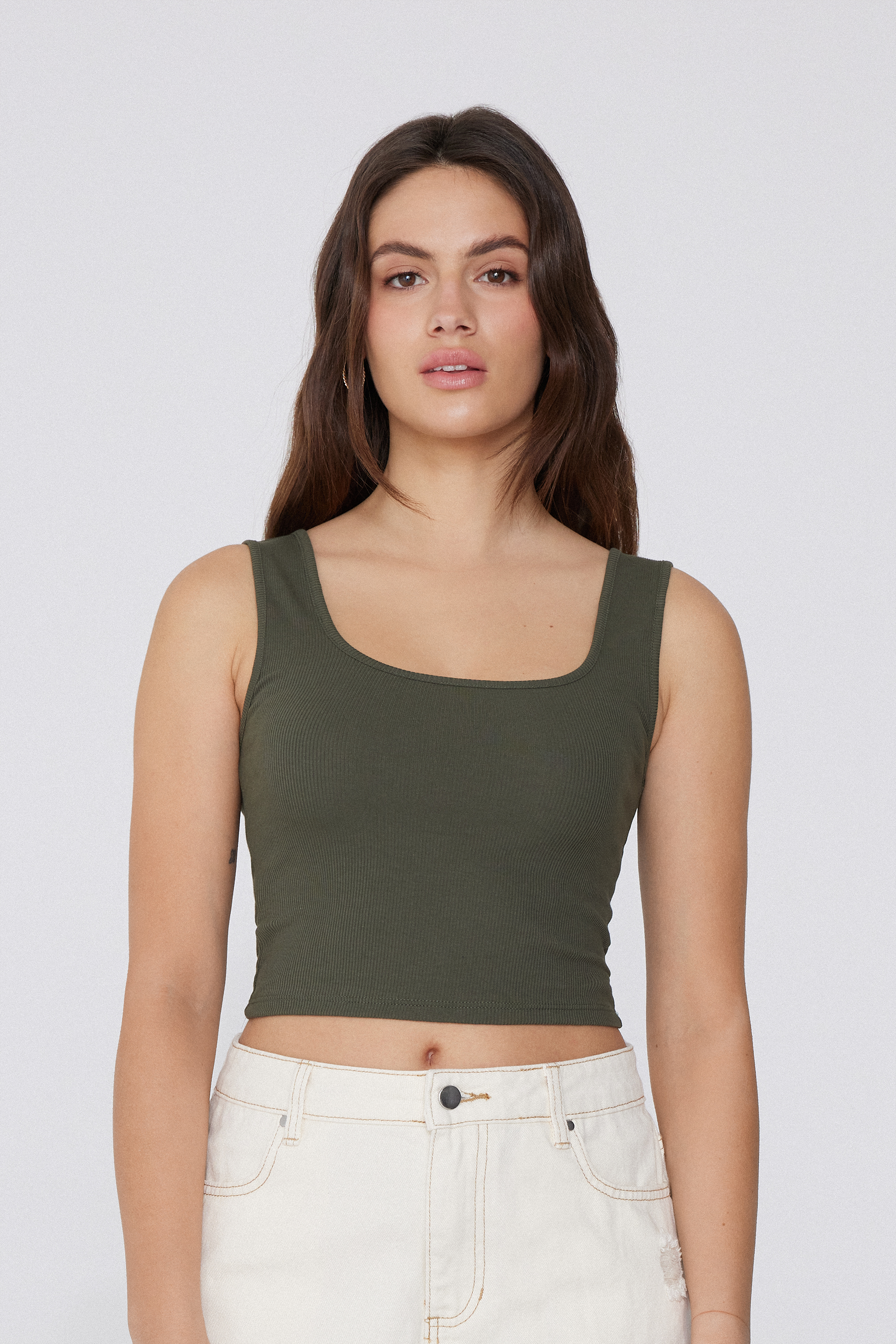 Ribbed Cotton Crop Top with Wide Shoulder Straps