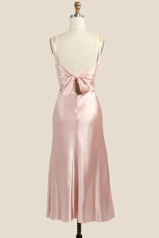 Cowl Neck Light Pink Back Tie Long Dress