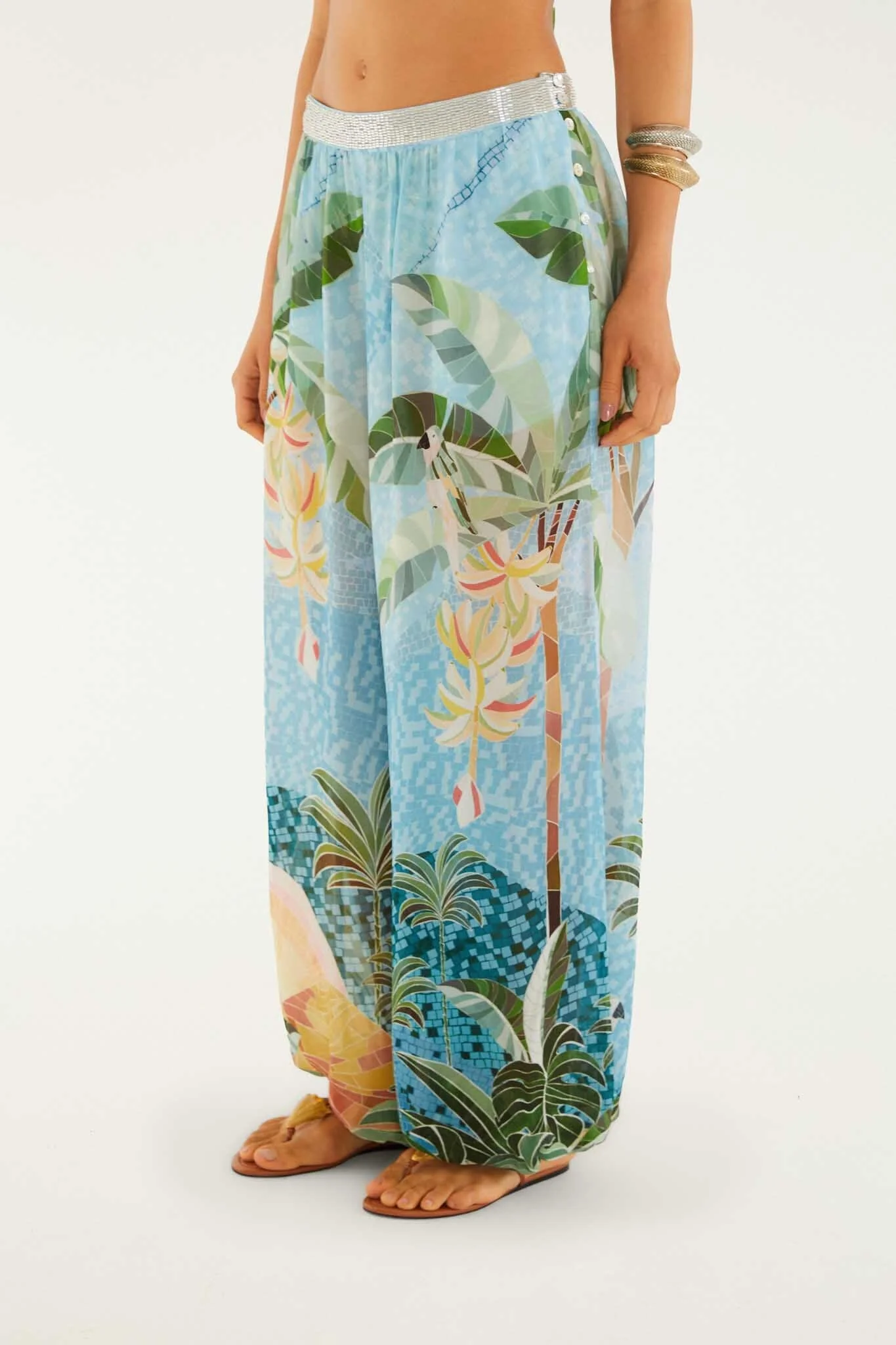 Blue Embroidered Side Buttons Balloon Pants