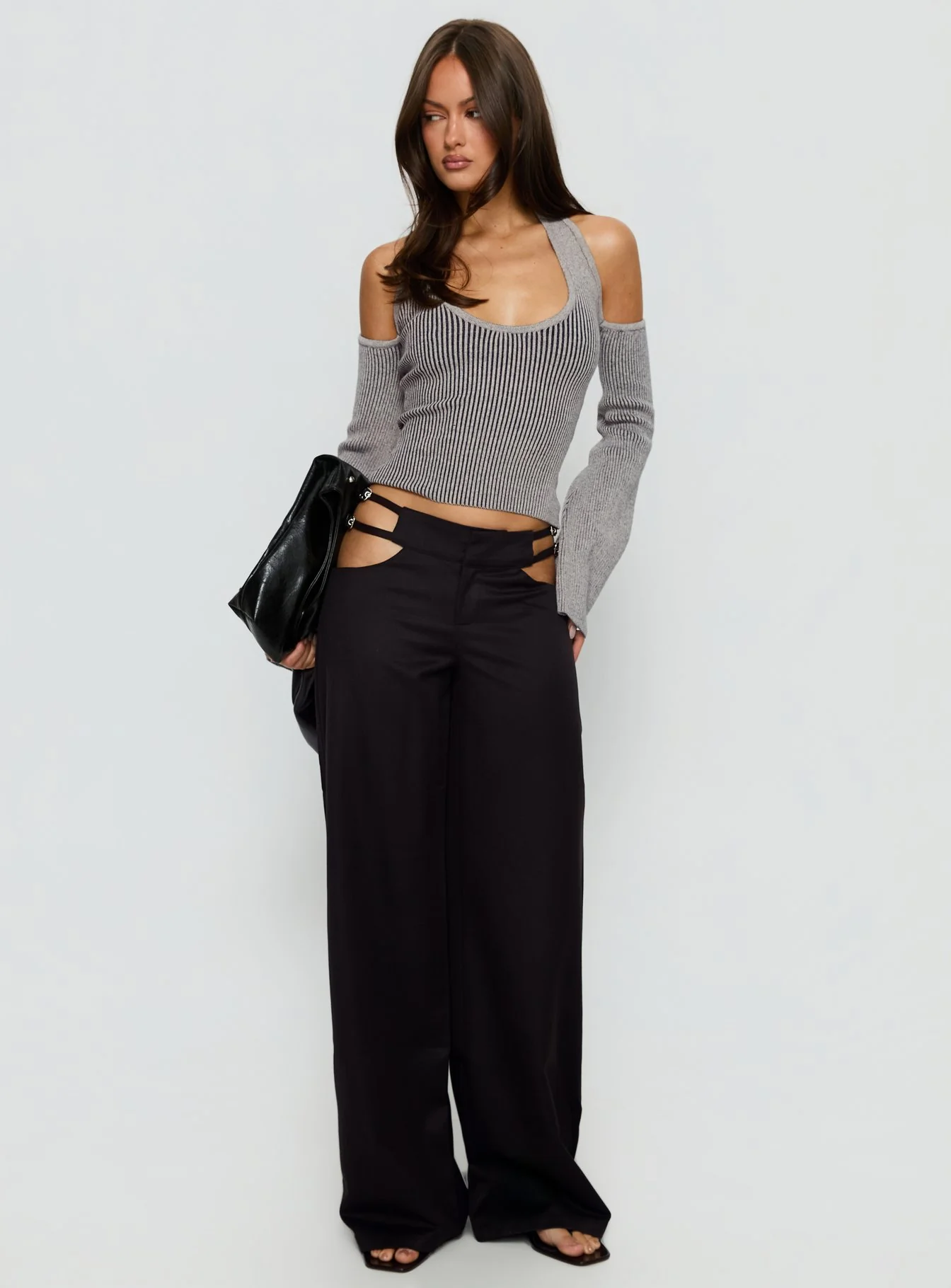 Novelia Halter Long Sleeve Top Black / Grey