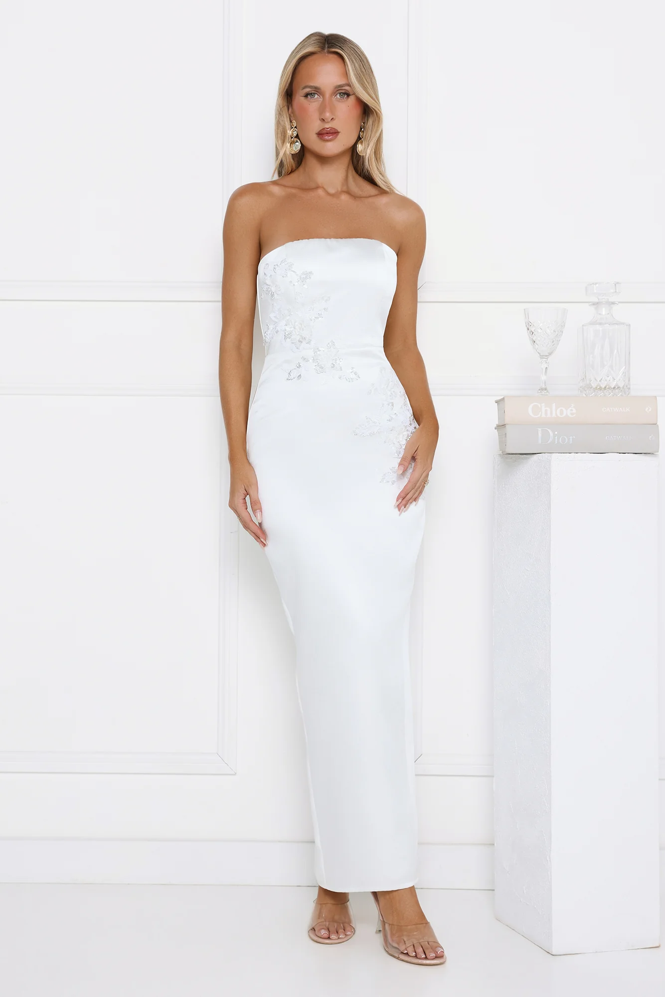 Dusk Desire Strapless Embellished Maxi Dress White