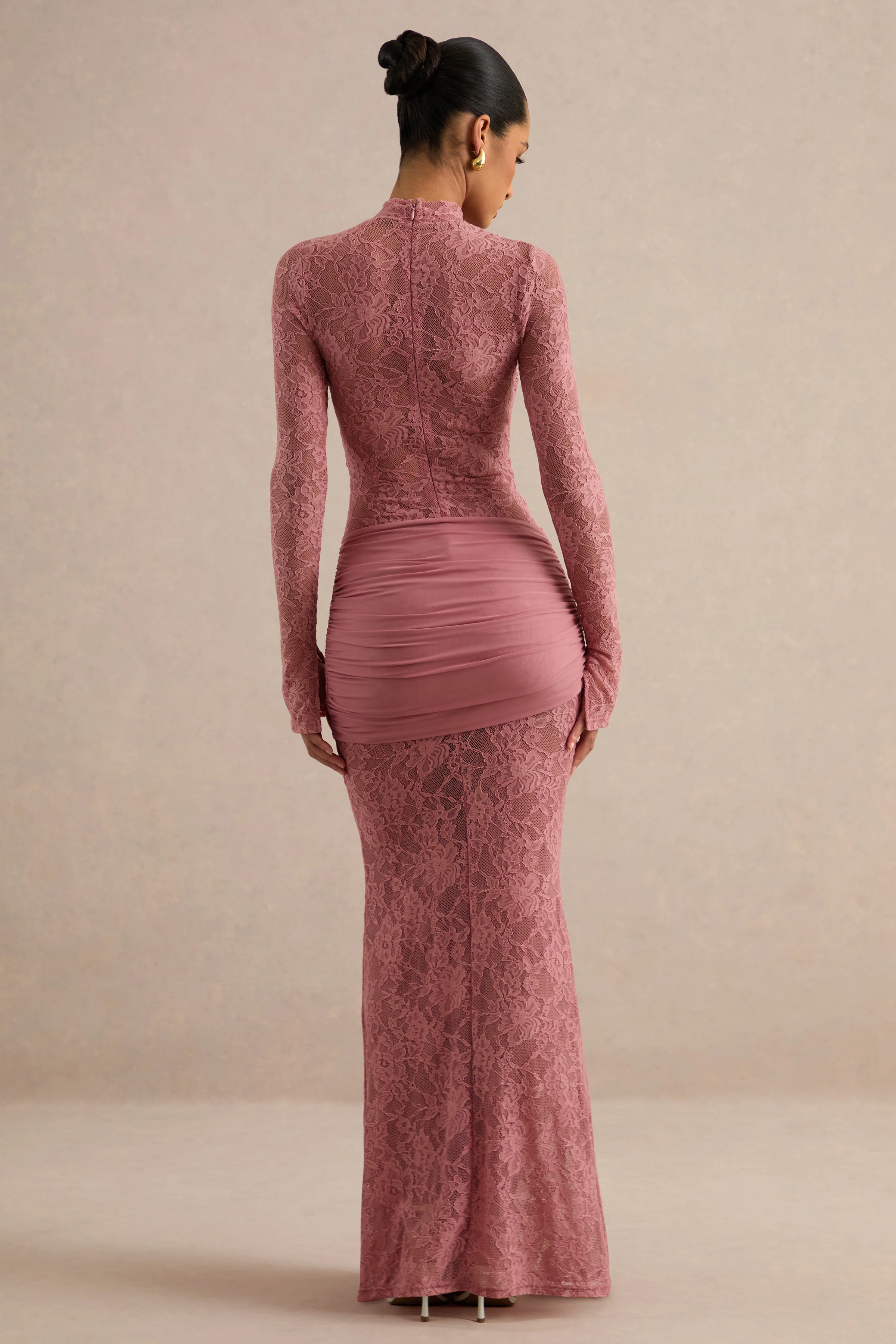 Akira | Blush Sheer Lace High Neck Long Sleeve Maxi Dress With Gathered Detailing And Sash