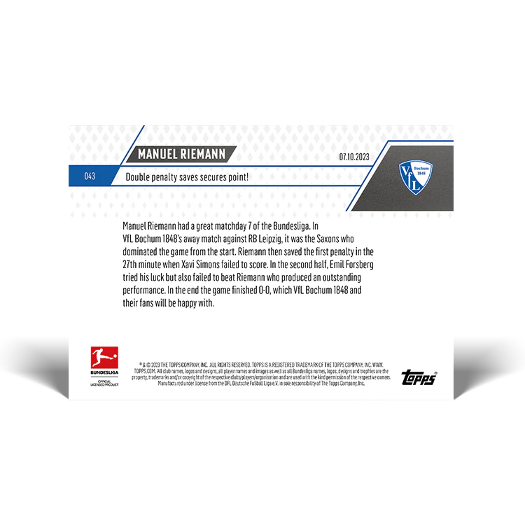 Topps UK - Manuel Riemann - Double penalty saves secures point! - Bundesliga TOPPS NOW® Card #43