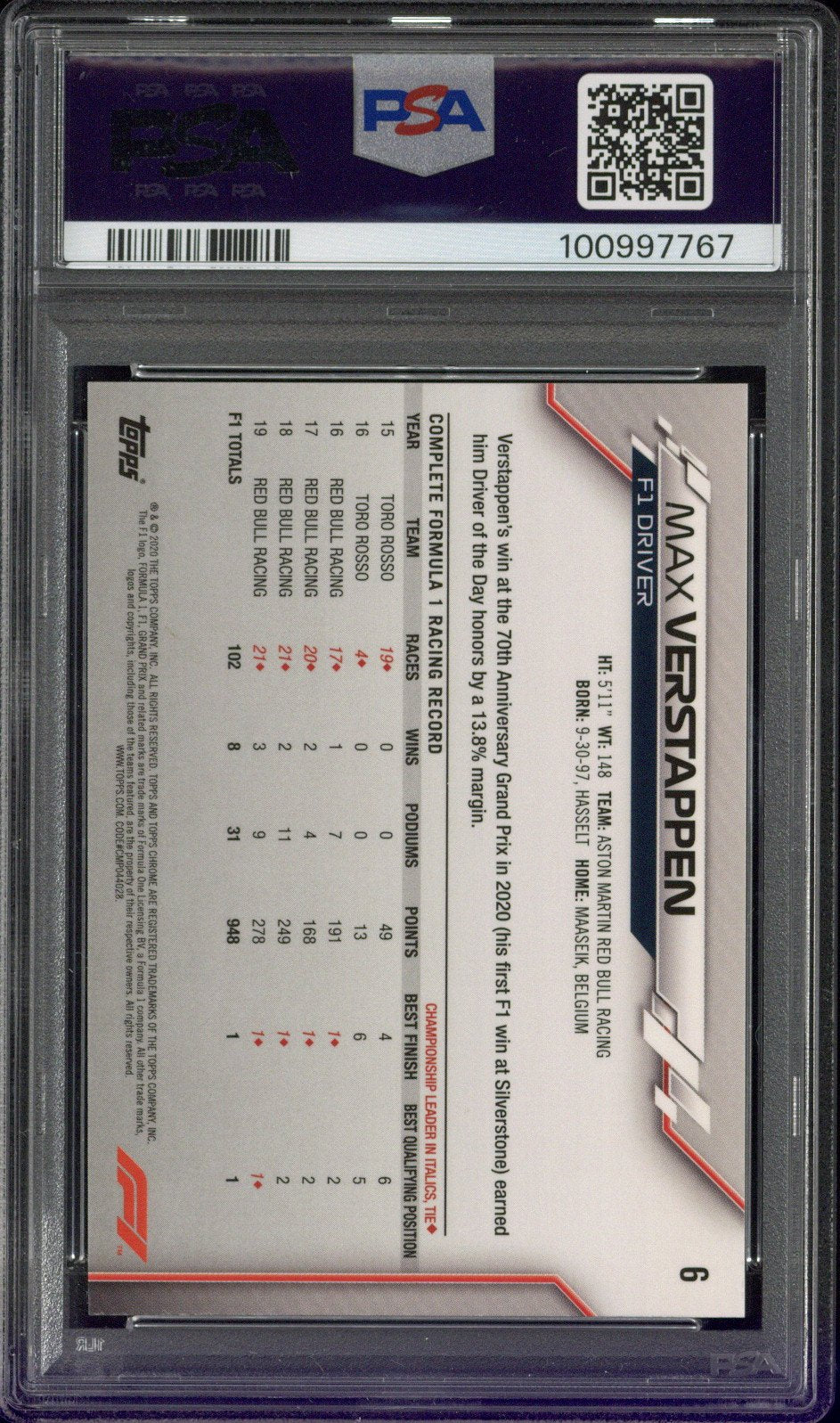 2020 Topps Chrome F1 Max Verstappen #6 PSA 10