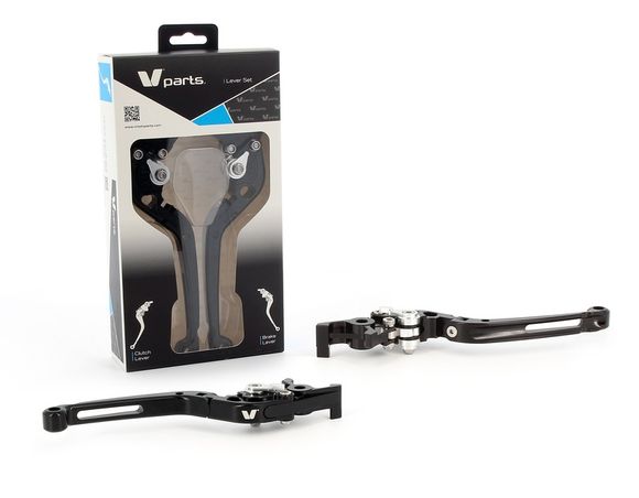 Bihr foldable brake and clutch levers 177mm, machined from solid aluminum, black finish with aluminum hardware, sold as a pair with adaptersRef: BI00399A / 1067046