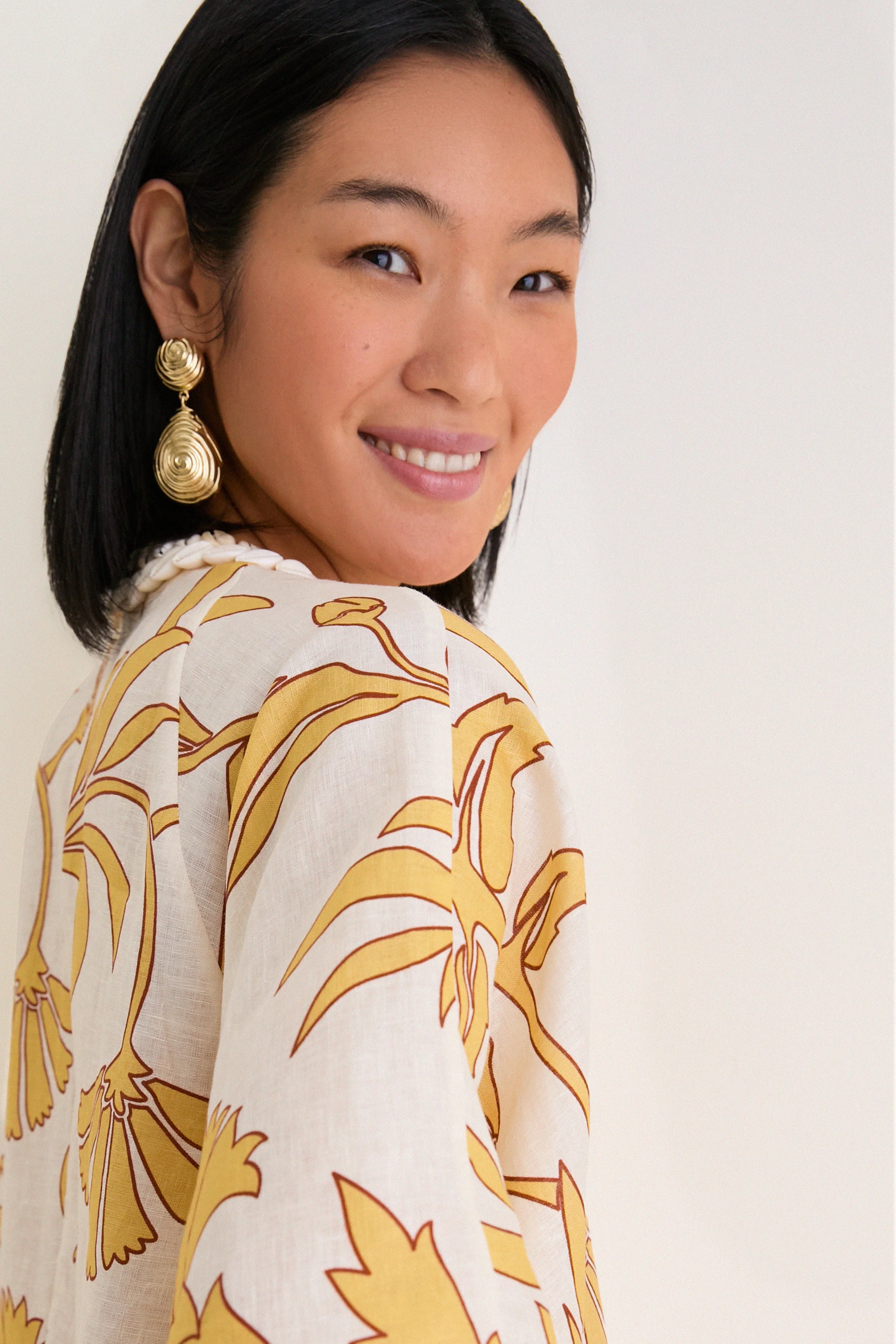 Yellow Flowers Andina Hand-Embroidered Linen Mini Tunic