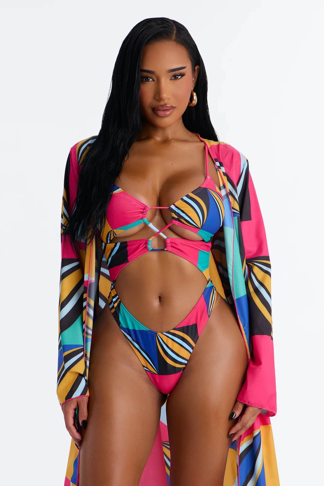 Leila Abstract Cut Out 1 Piece Swimsuit With Swim Cover Up Kimono - Multi Color