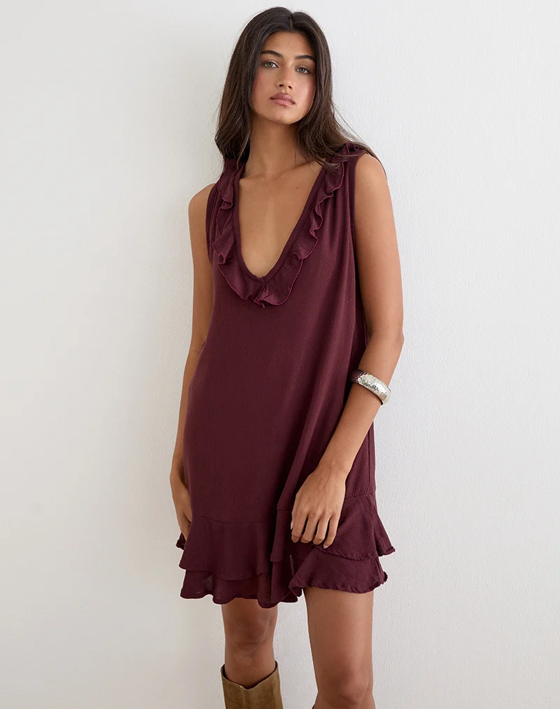 Swade Plunge Mini Dress in Crinkle Plum