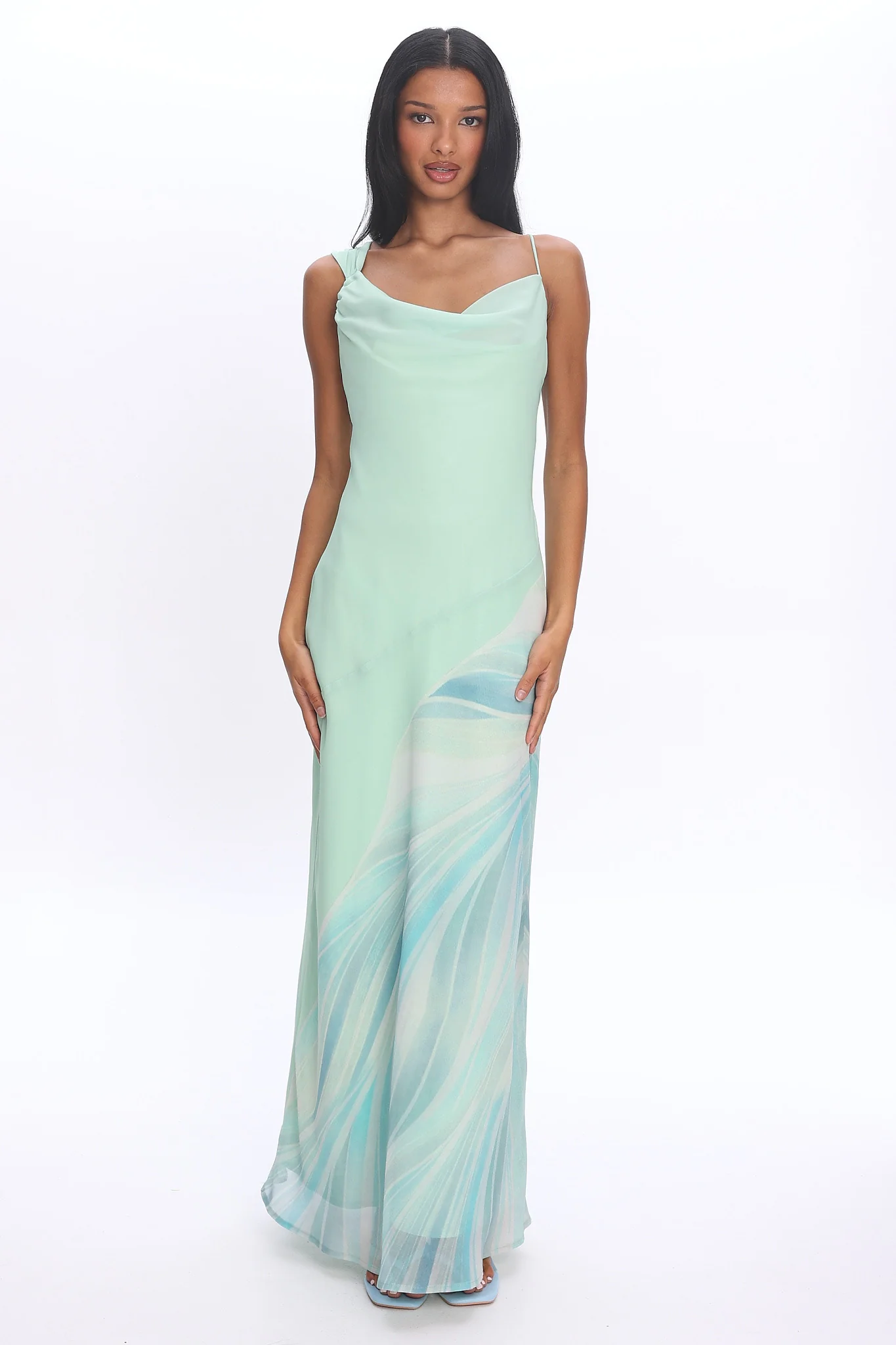 Astoria Asymmetric Cowl Neckline Maxi Dress Abstract Mint